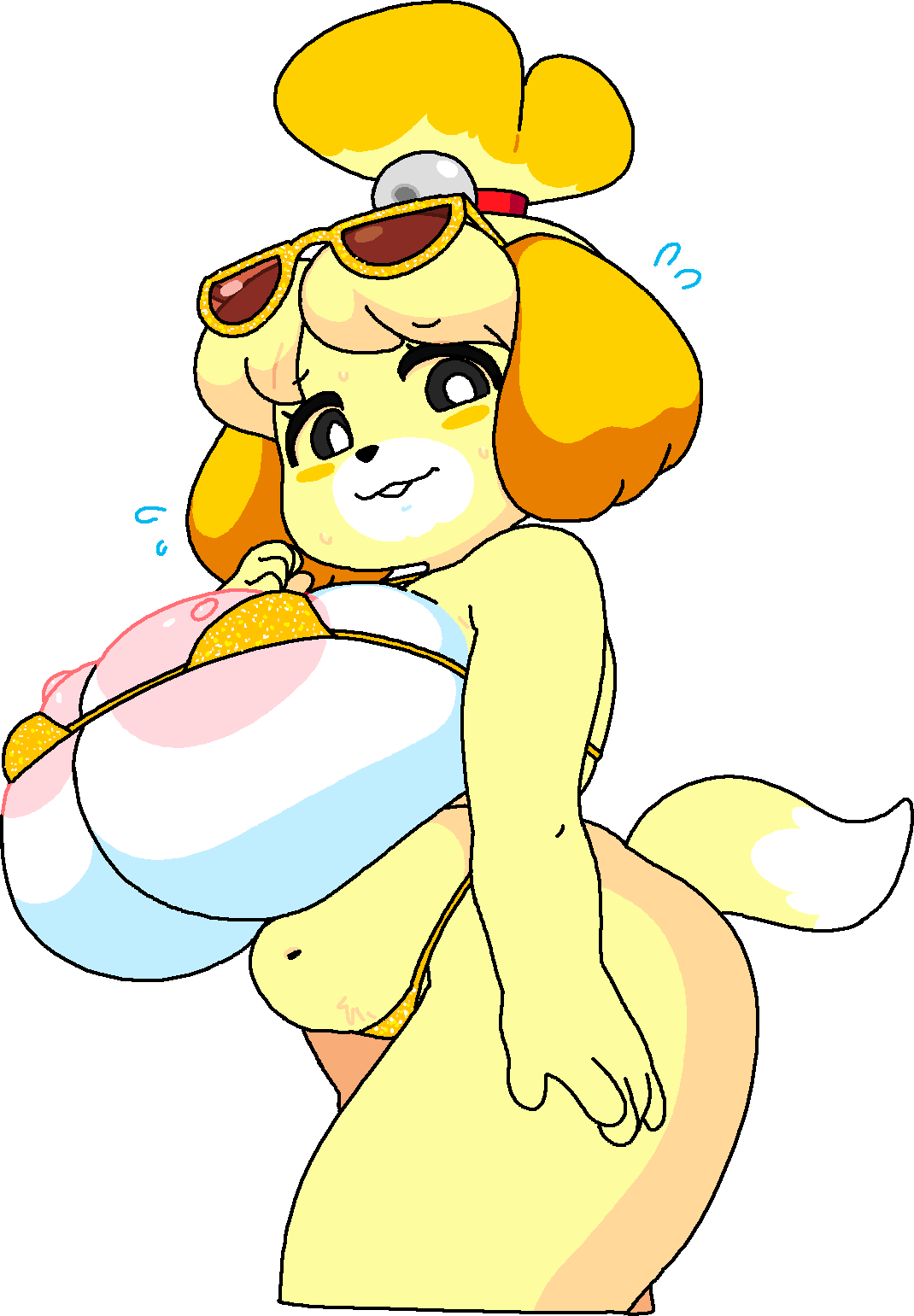 1girl, animal crossing, anthro, ass focus, bikini, bikini bottom, blush, breasts, dog ears, dog girl, dog tail, dream-cassette, edit, embarrassed, furry, hair ornament, highres, huge ass, inflatable ring, isabelle (animal crossing), large breasts, looking back, nipples, pink nipples, ponytail, pool toy, shiny skin, side view, solo, string bikini, sunglasses, sunglasses on head, sweat, sweatdrop, thick thighs, transparent background, twintails, wide hips, yellow bikini, yellow fur