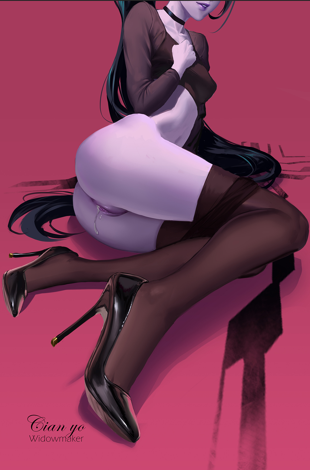 after sex, ass, bottomless, cianyo, cum in pussy, female, female only, high heels, overwatch, pussy, pussy juice, solo, stockings, thighhighs, widowmaker