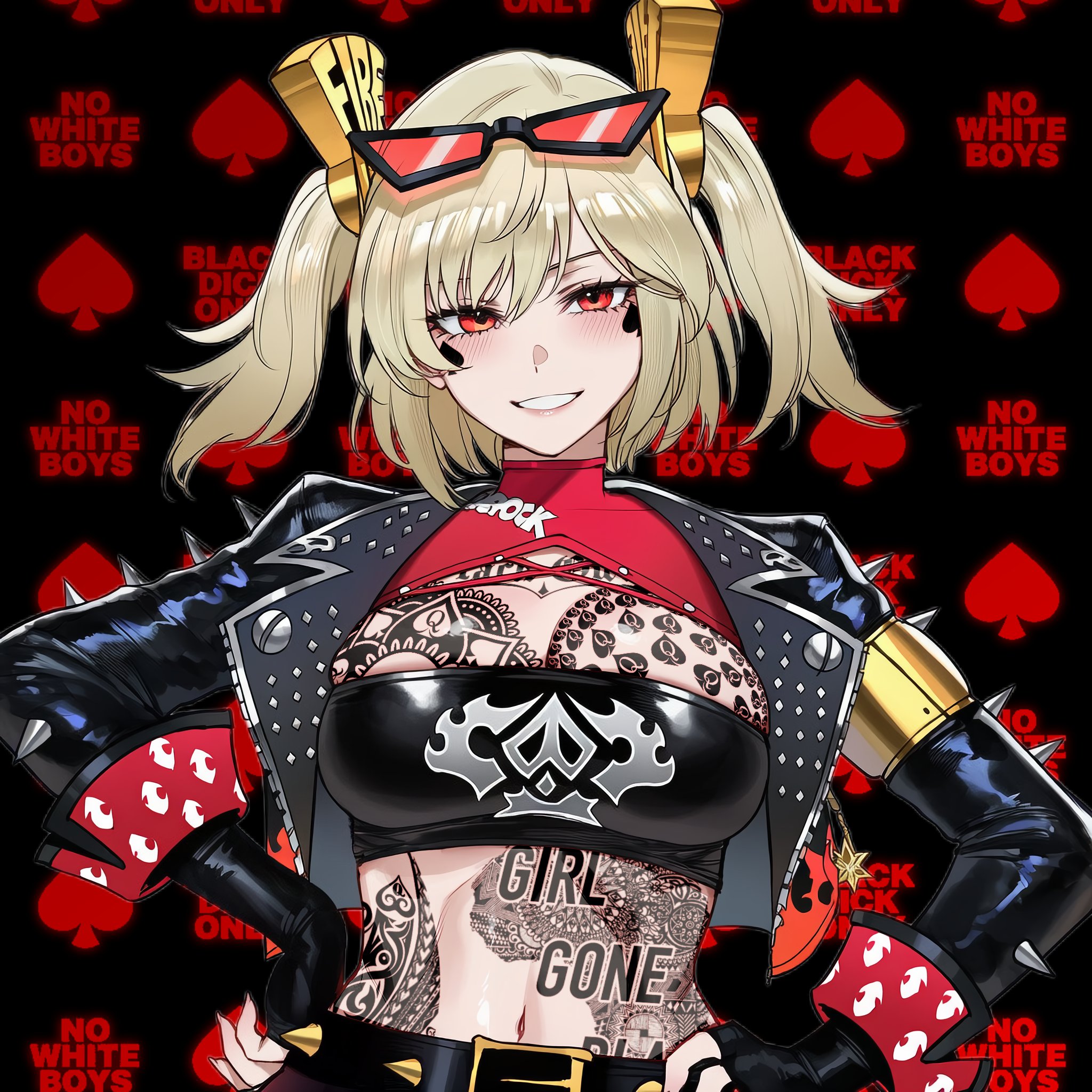 1girls, 2d, ai generated, basicallynomore, belt, big breasts, blacked, blonde hair, breast tattoo, breasts, burnice white, chest tattoo, face tattoo, gloves, jacket, leather, leather clothing, light skin, light-skinned female, medium hair, qos, qos tattoo, queen of spades, spade, spade tattoo, sunglasses, tattoo, tube top, twintails, zenless zone zero