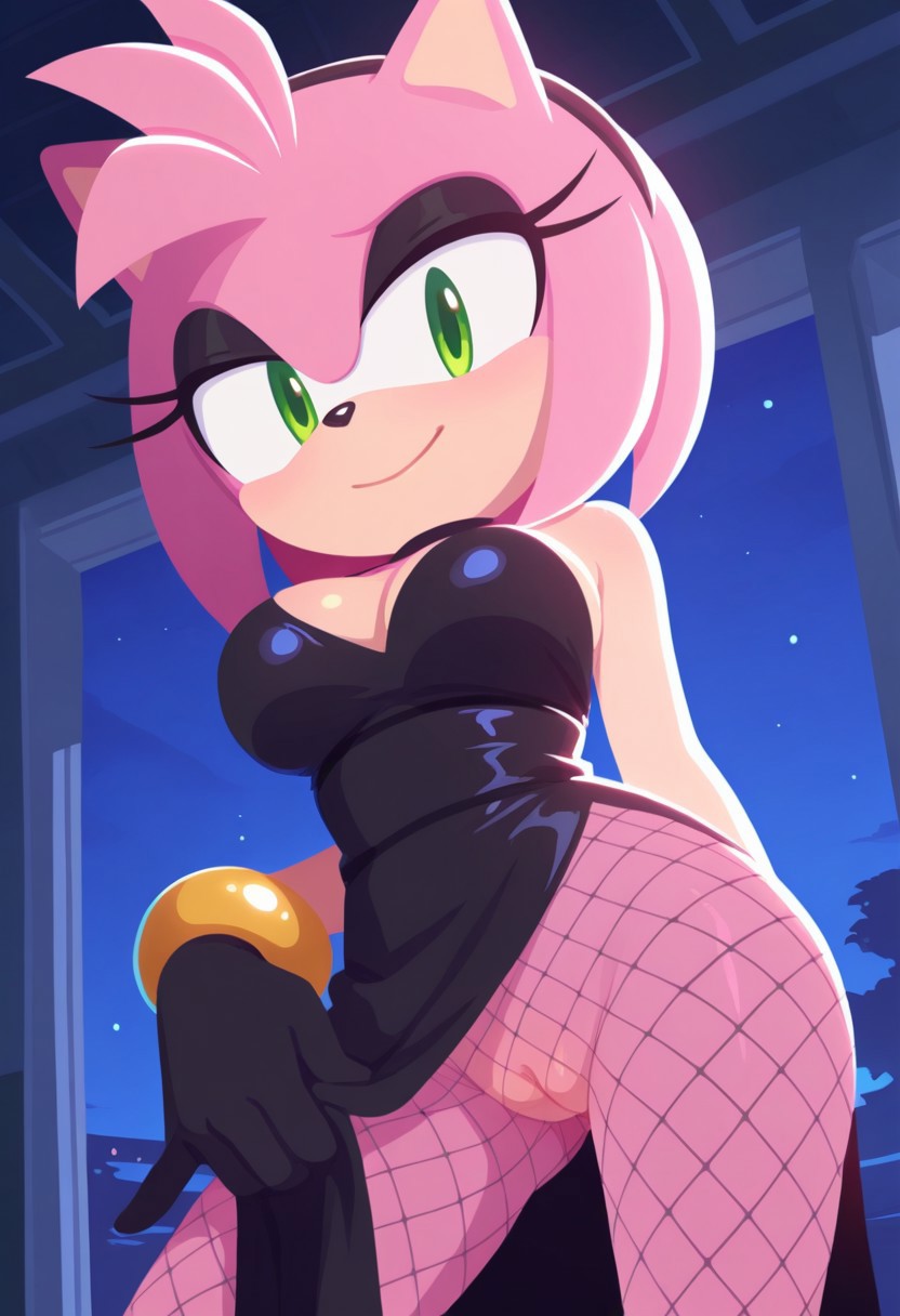 ai generated, amy rose, anthro, dog husky ai, dress aside, fishnets, flashing pussy, mobian, mobian (species), no panties, side slit, sonic (series), sonic the hedgehog (comics), sonic the hedgehog (series)