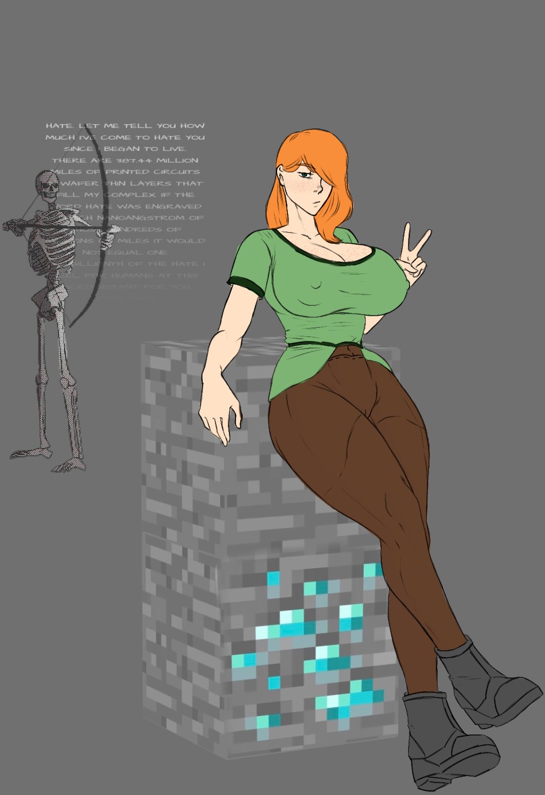 1boy, alex (minecraft), big breasts, big butt, big thighs, boots, bow, bow and arrow, brown pants, clothing, english, english text, female, flat colors, full body, fully clothed, green eyes, green shirt, human, imminent death, leaning, leaning against wall, leaning on object, minecraft, minecraft background, minecraft block, minecraft mob, no background, orange hair, pants, pout, pouting, redstarnsfw, skeleton, standing, tagme, thick thighs, wide hips