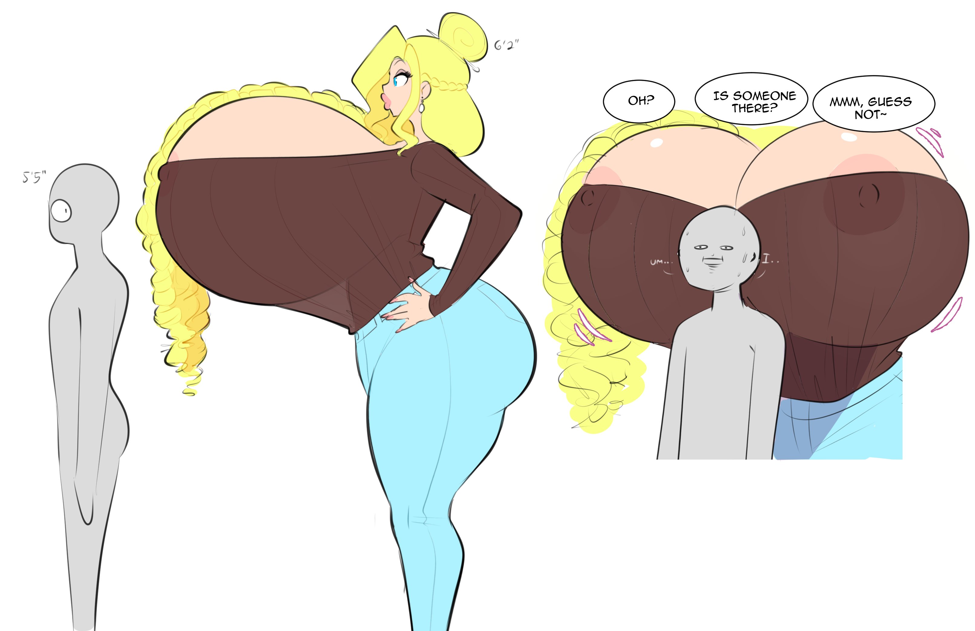 1boy, 1girls, areolae, ass, big ass, big breasts, big lips, bimbo, bimbo lips, blonde hair, breast focus, breasts, bunny peterson (theycallhimcake), cleavage, female, female focus, giant breasts, gigantic breasts, huge breasts, hyper, hyper breasts, larger female, male, massive breasts, mostly clothed, nervous, nipples, revealing clothes, round breasts, size difference, smaller male, theycallhimcake, thick lips, top heavy, unaware