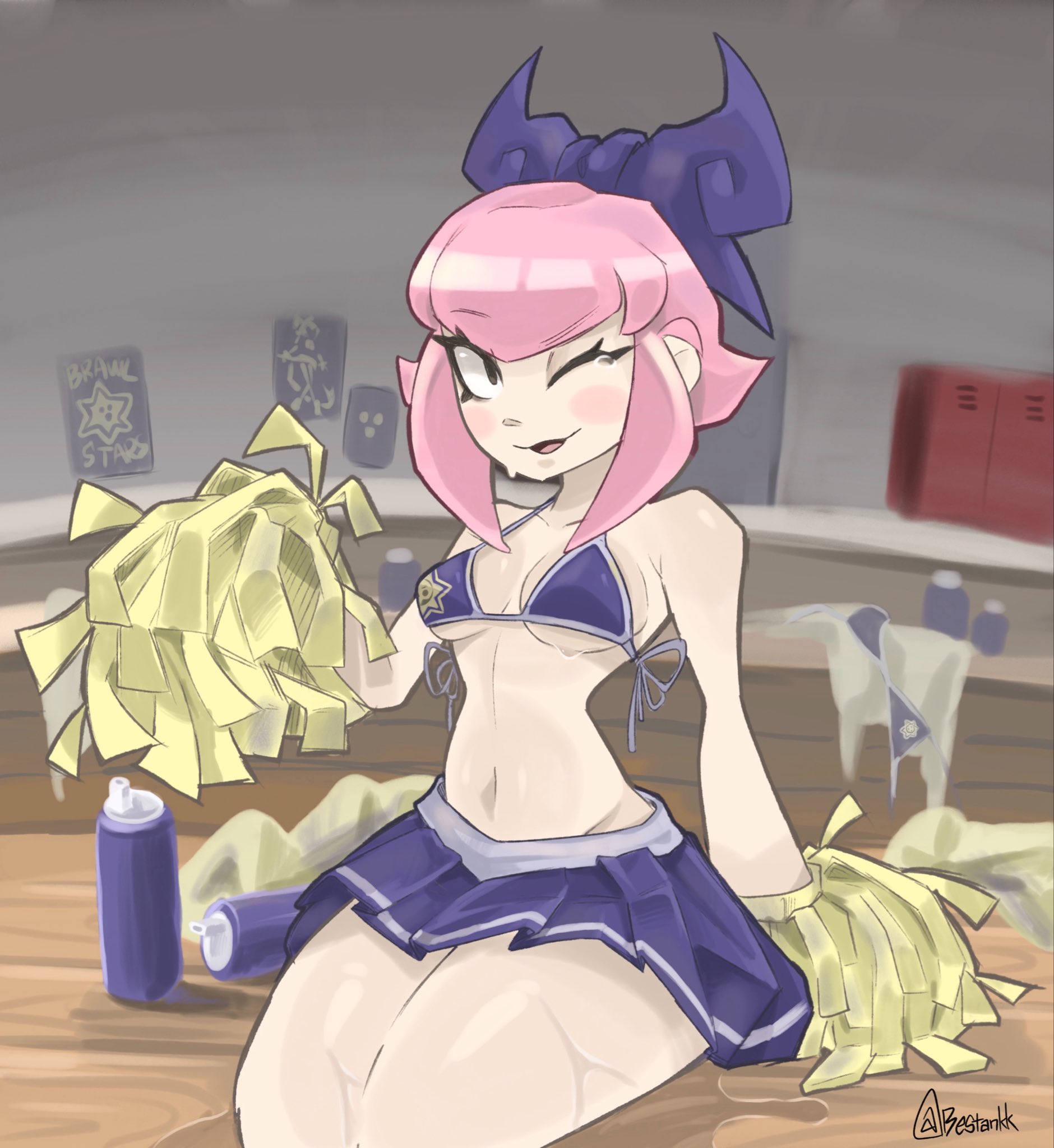 bestankk, bikini, bikini top, blush, bow, brawl stars, breasts, cheerleader, cheerleader uniform, looking at viewer, melodie (brawl stars), navel, ouzzxz, pink hair, short hair, sitting, skirt, slim waist, smile, sweat, sweatdrop, sweating, tagme, thick thighs, voluptuous, wide hips, wink, winking at viewer