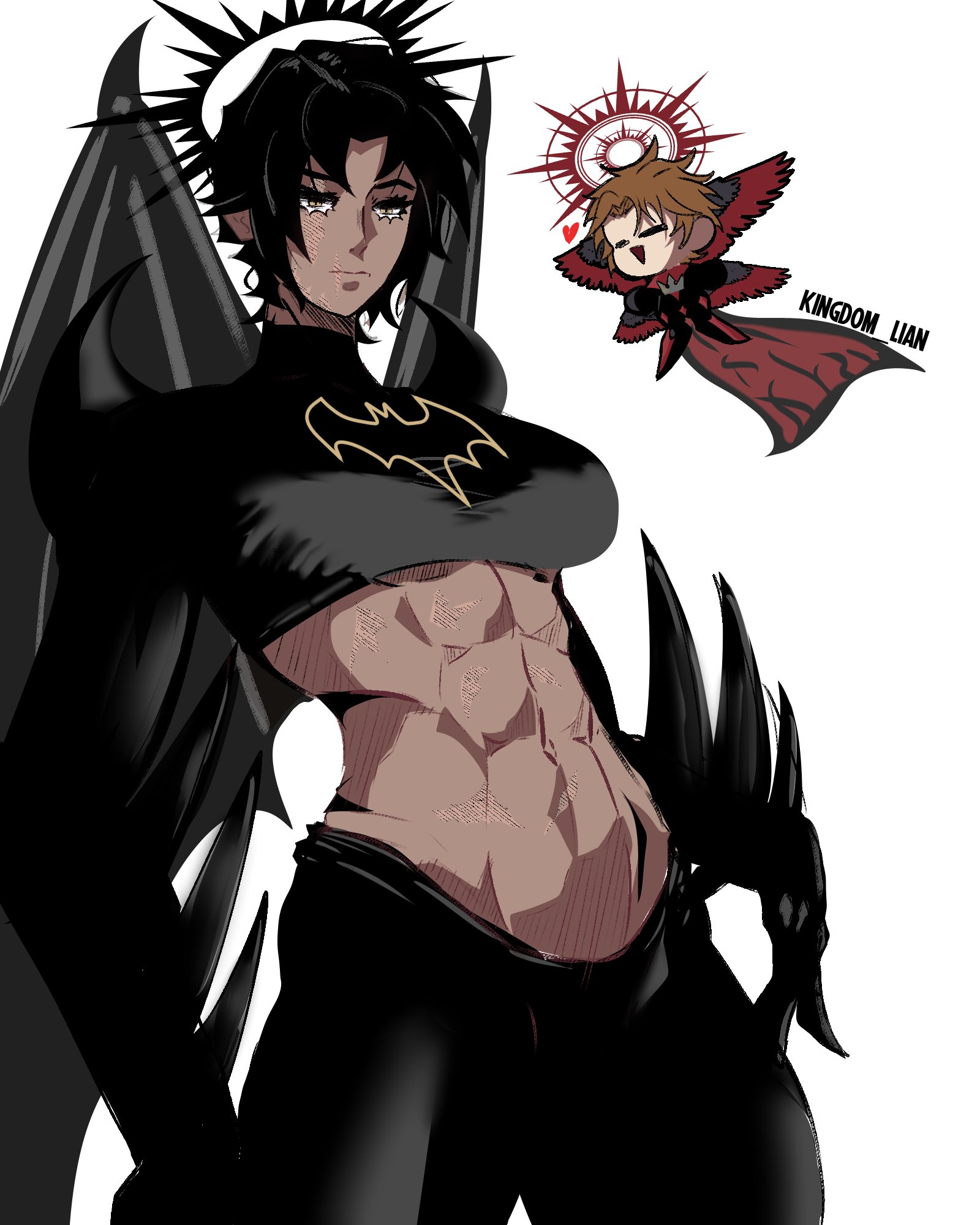 abs, athletic, athletic female, batgirl (cassandra cain), big boobs, big breasts, big tits, boobs, breasts, cassandra cain, chibi, clothed, clothes, clothing, dc, dc comics, female, halo, hips, kingdom hearts, kingdom lian, male, muscular, muscular female, nails, sharp claws, sharp fingernails, short hair, sora (kingdom hearts), superhero, superheroine, thick hips, tits, wide hips, wings
