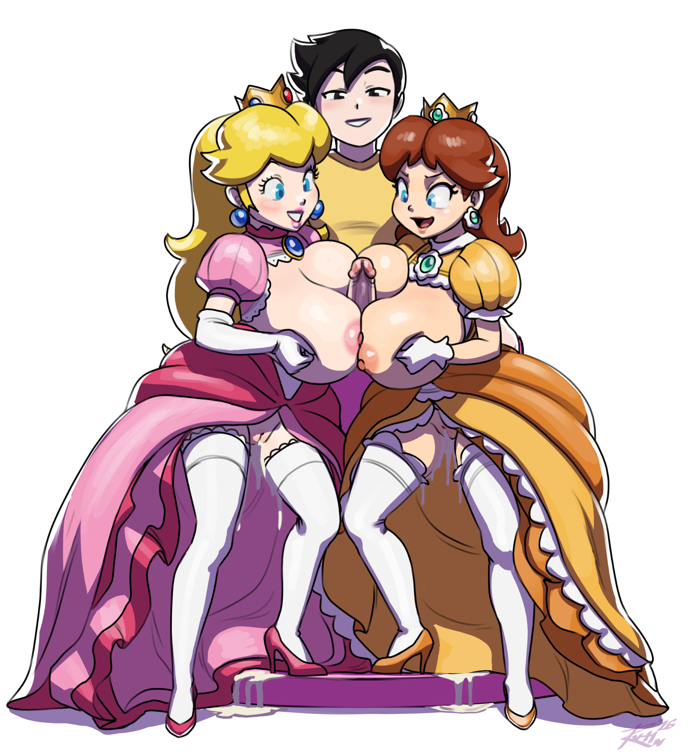 1boy, 2026, 2girls, after sex, areolae, balls, blonde hair, blue eyes, breasts, brown hair, crown, cum, cum in pussy, cum inside, earrings, female focus, group sex, hi res, huge breasts, leaking cum, long hair, looking at penis, male, mario (series), mostly nude, narrowed eyes, nintendo, nipples, paizuri, penis, princess daisy, princess peach, pussy, revtilian, sex, super mario bros., yellow shirt anon