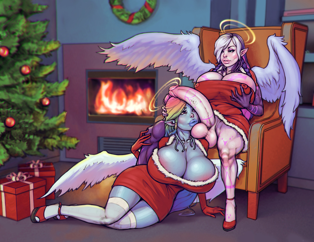 1futa, 1girls, areolae, balls, big lips, boobsgames, breasts, christmas, cleavage, dickgirl, erect nipples, erection, female, futanari, gigantic breasts, half-erect, heels, high heels, huge balls, huge breasts, huge cock, intersex, nipples, penis, penis on face, testicles, xaessya