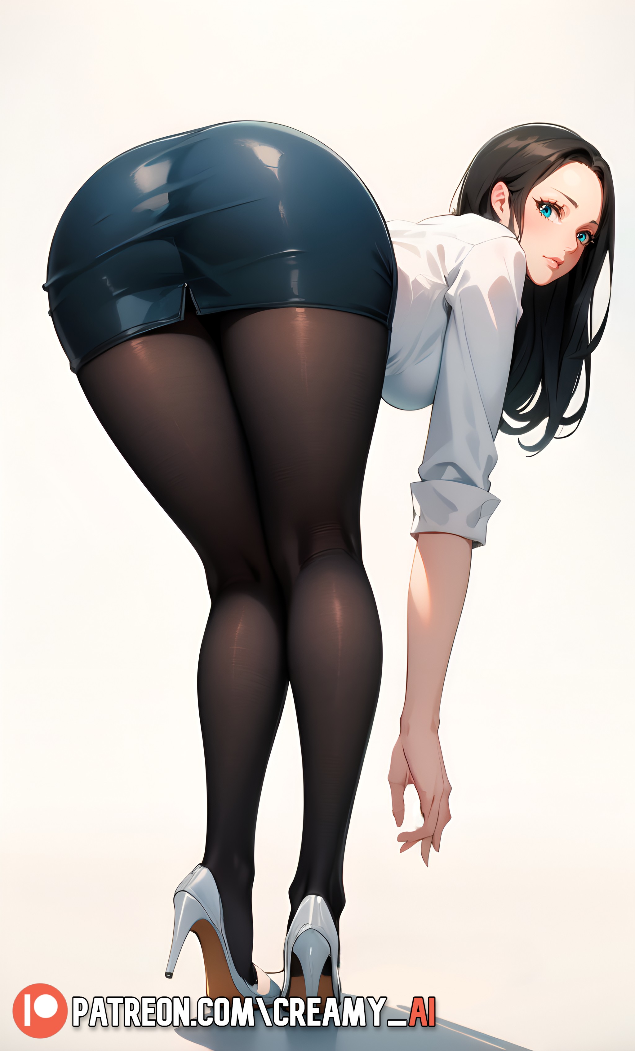 ai generated, aqua eyes, ass, bent over, big ass, big breasts, black hair, breasts, closed mouth, creamy ai, female, female only, from behind, gradient background, heels, hi res, high heels, kneepits, legs, legs together, lips, long hair, looking back, nico robin, office lady, one piece, pantyhose, patreon username, pencil skirt, pink lips, post-timeskip, shoes, skirt, solo, thick ass, thick thighs, white background, white heels, white shirt