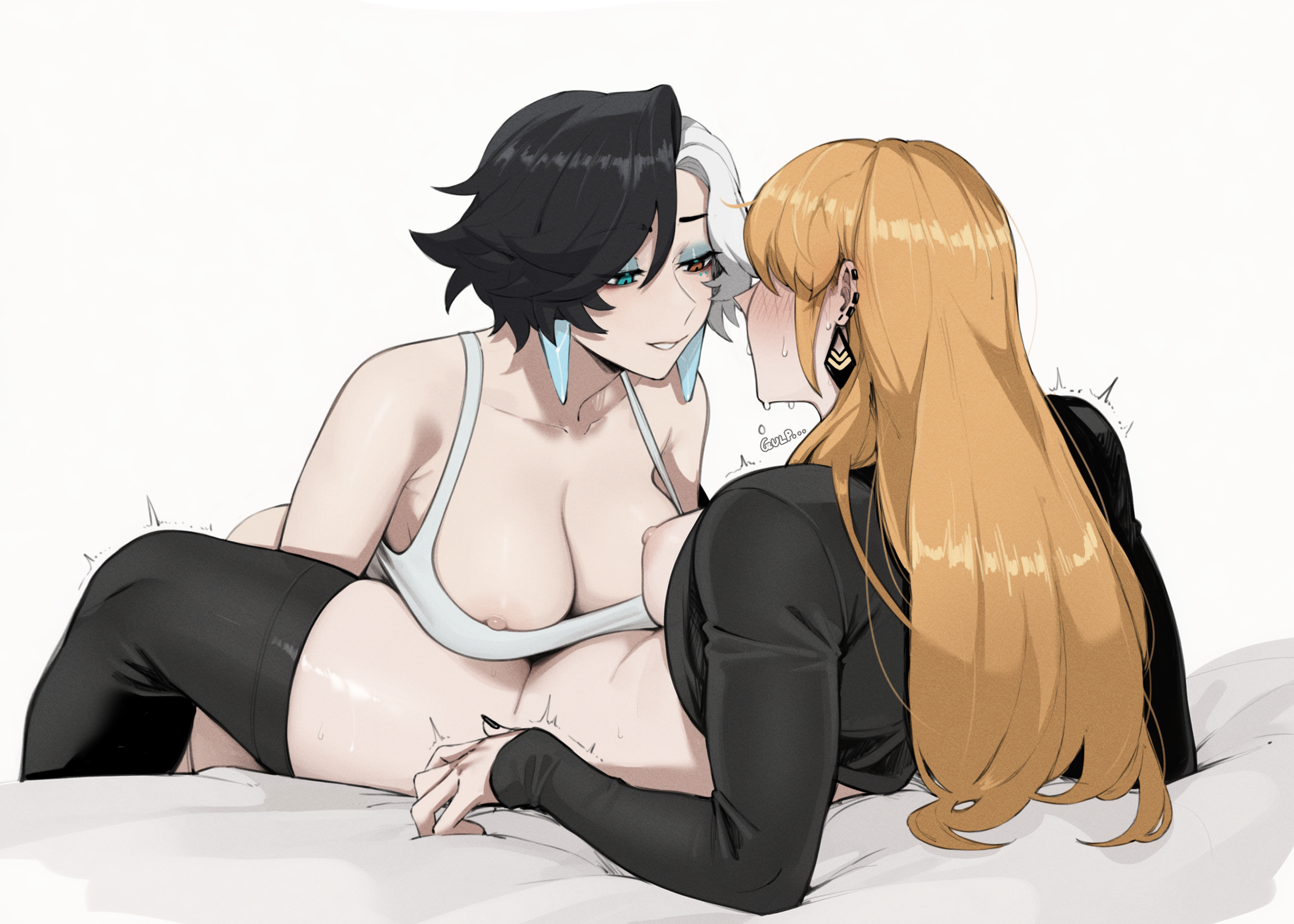 2d, 2girls, before sex, black hair, black shirt, black thighhighs, blonde hair, blush, blushing, breasts, breasts out, earrings, heterochromia, luna snow, luna snow (marvel rivals), lying on back, lying on bed, magik (illyana rasputin), magik (marvel rivals), marvel, marvel rivals, masoq095, nipples, snowsword, white hair, white tank top, yuri