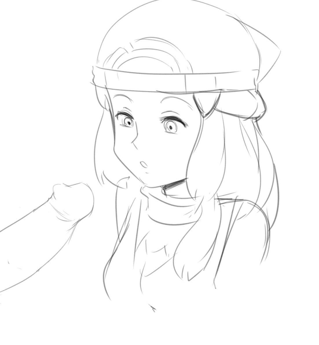 :o, bad id, beanie, breasts, circumcised, curious, dawn (pokemon), female, fully clothed, long hair, male, monochrome, nintendo, penis, penis awe, pokemon, pokemon dppt, reach025, rider117, scarf, simple background, sketch, solo, superjetjonh117, young, younger male