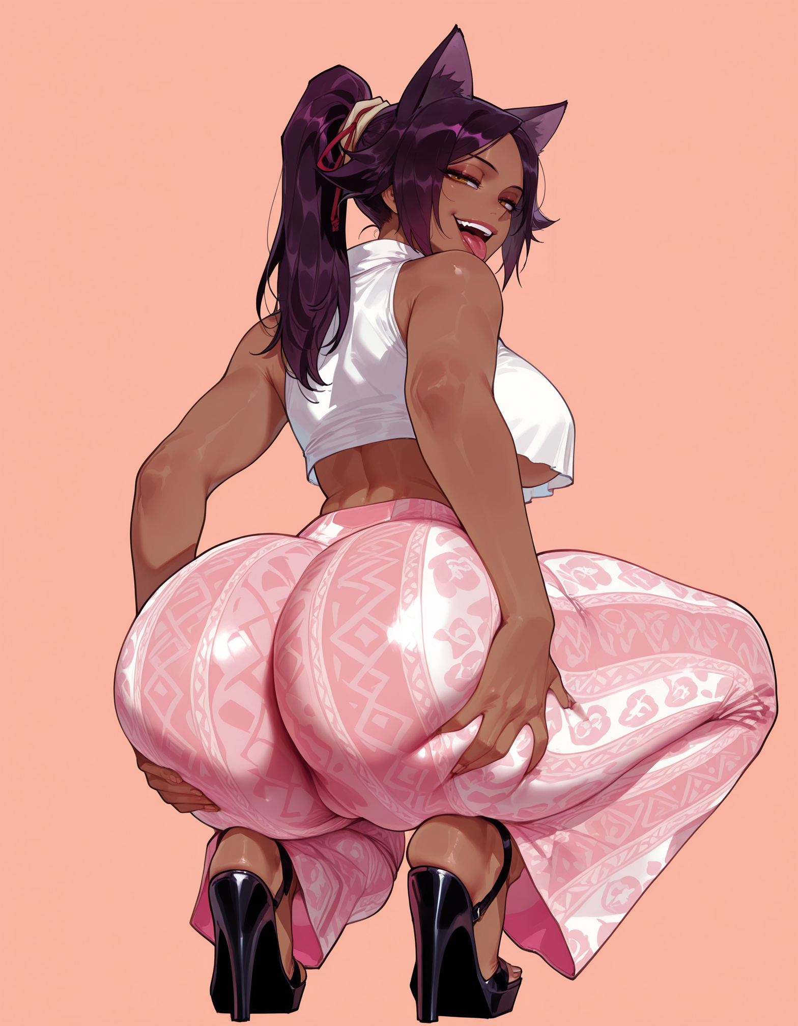 1girl, 1girls, ai generated, animal ears, ass, ass focus, ass grab, ass support, balecxi, bare arms, bare shoulders, black footwear, bleach, bleach: the thousand-year blood war, blush, breasts, cat ears, clothing, crop top, curvaceous, curvaceous female, curvaceous figure, curvy, curvy figure, dark skin, dark-skinned female, deep skin, extra ears, female, female focus, flare pants, footwear, forbidden pants, from behind, full body, grabbing own ass, high heels, huge ass, inviting, inviting to sex, large breasts, long hair, looking at viewer, looking back, naughty face, open mouth, pants, pink background, pink pants, ponytail, presenting, presenting ass, presenting hindquarters, presenting self, purple hair, sandals, seductive, seductive look, seductive smile, shihouin yoruichi, shiny skin, shirt, shoes, simple background, sleeveless, smile, solo, squatting, stiletto heels, teeth, thick thighs, thighs, toeless footwear, toenails, toes, tongue, tongue out, underboob, upper teeth only, very dark skin, voluptuous, voluptuous female, white shirt, yellow eyes
