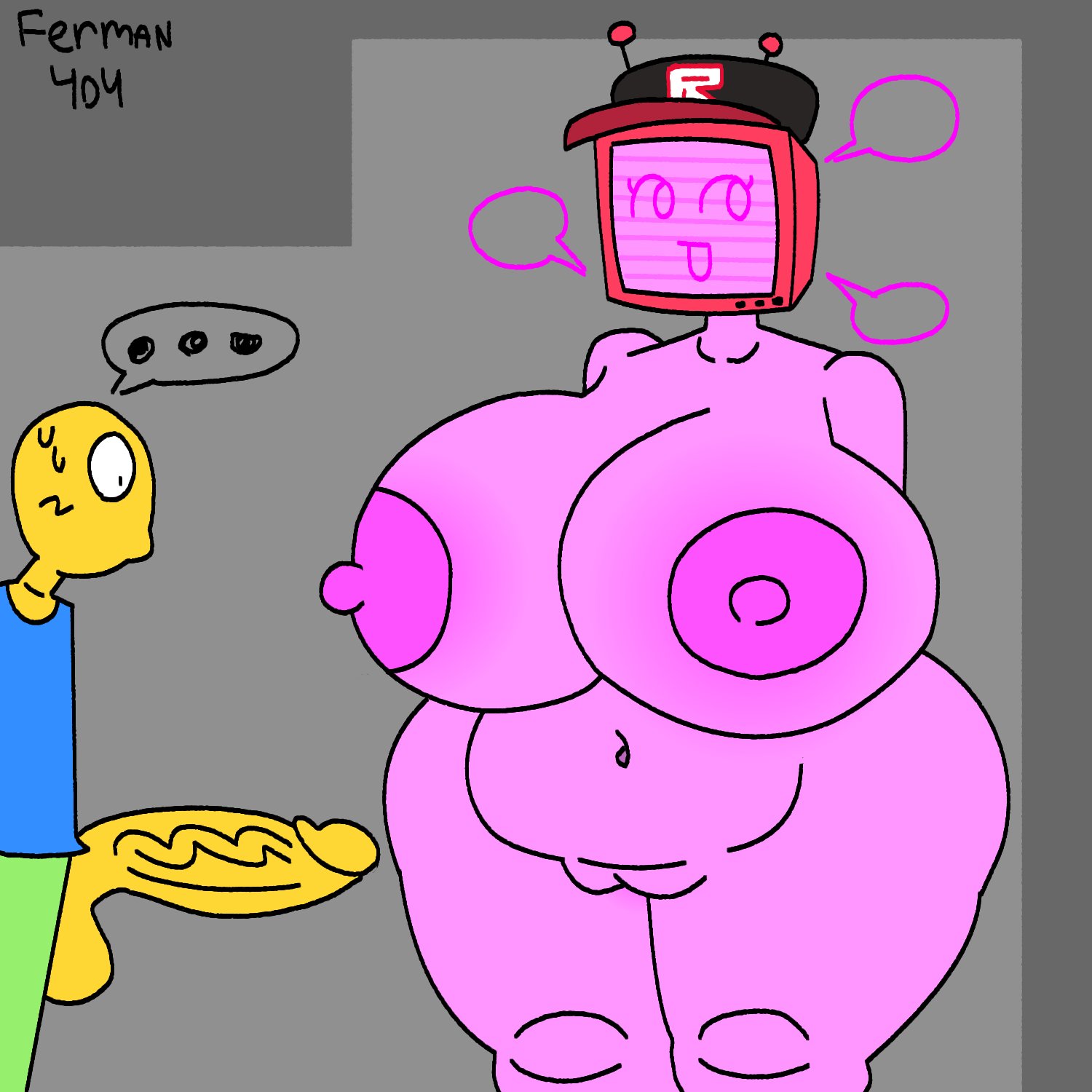 1boy, 1boy1girl, 1girl, 2d, 2d (artwork), 2d artwork, areolae, artist name, ass, belly, belly button, big breasts, boobs, breasts, butt, buttocks, chubby, chubby female, cock, dick, ferman, forsaken (roblox), happy, happy female, hyper, naked, naked female, nipples, noob, noob (forsaken), noob (roblox), nude, nude female, penis, penis out, pink body, pink skin, pussy, roblox, roblox game, robloxian, robot, robot girl, robot humanoid, sweat, sweatdrop, sweating, text, text bubble, thick, thick ass, thick hips, thick legs, thick thighs, thighs, tits, tv, tv head, veeronica, vein, veiny penis, voluptuous, voluptuous body, voluptuous female, yellow skin