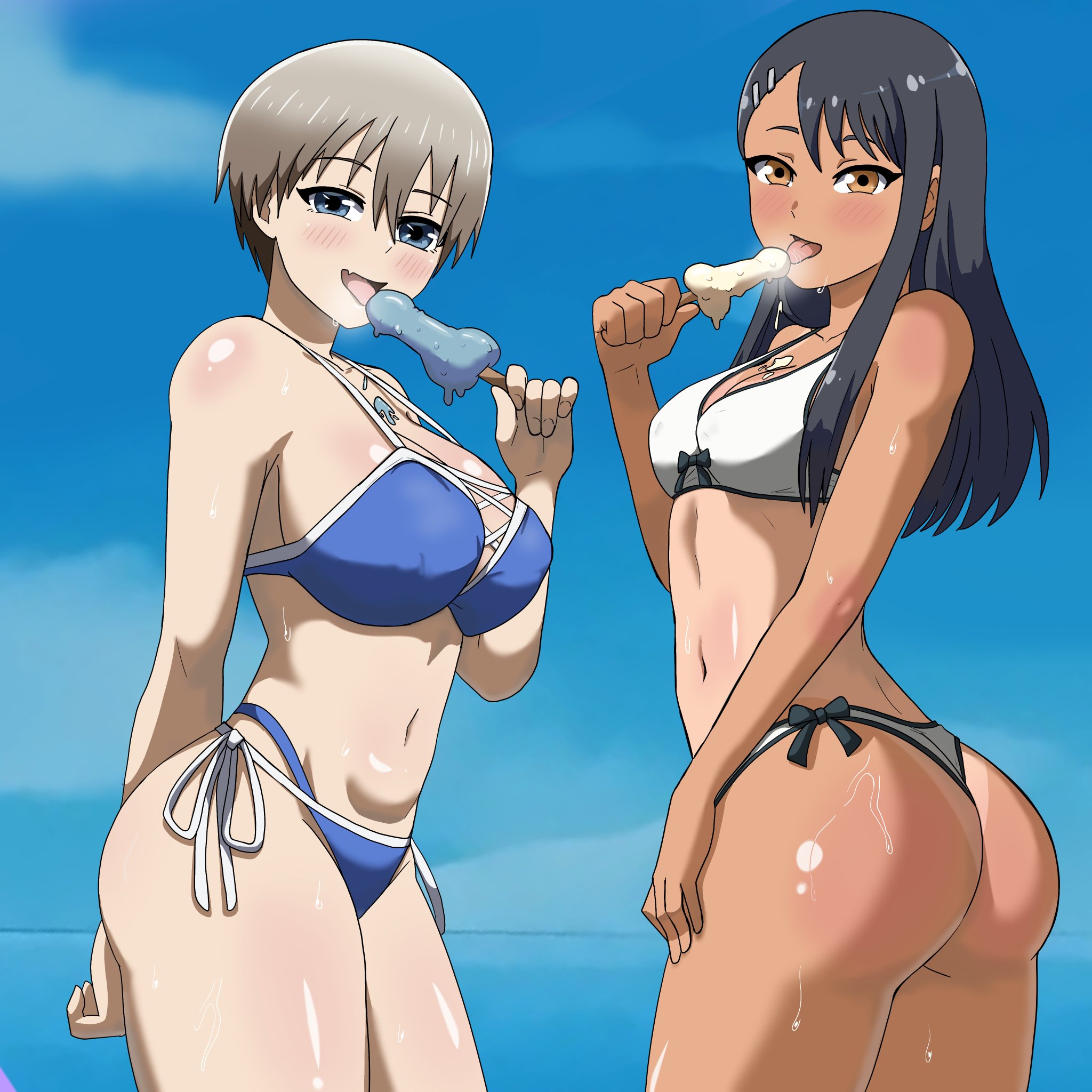 2girls, ass, big ass, big breasts, bikini, bikini bottom, bikini top, black hair, blue bikini, blue eyes, bottomwear, breasts, brown eyes, chocolate and vanilla, cleavage, cristicko3845, crossover, female, female only, grey hair, hair, half-closed eyes, hayase nagatoro, hips, holding object, long hair, looking back, please don't bully me, nagatoro, popsicle, popsicle melting, sexually suggestive, short hair, smile, swimsuit tan, swimwear, tan body, tan skin, tanline, tanned, topwear, uzaki hana, uzaki-chan wa asobitai!, white bikini