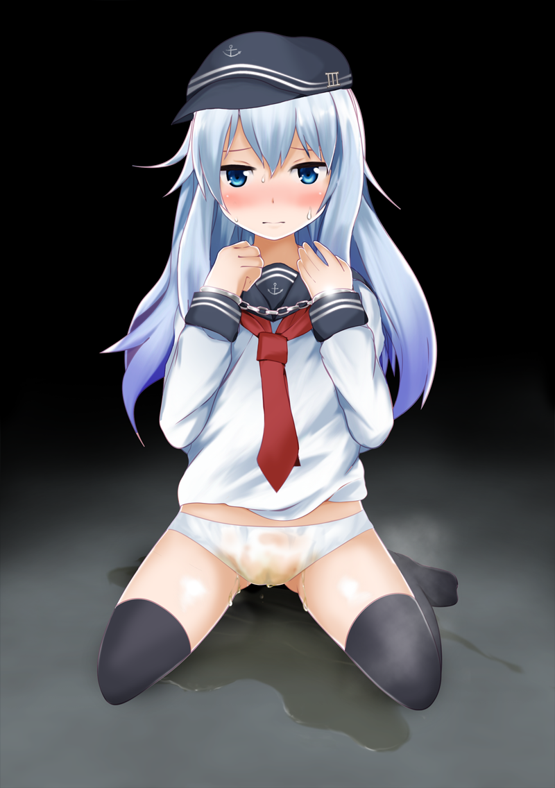 black_background black_hat black_legwear black_sailor_collar blue_eyes blush bondage clothing embarrassed female full_body gokiburi_no_dashi gradient gradient_background grey_background half-closed_eyes handcuffs hands_up hat have_to_pee hibiki_(kantai_collection) kantai_collection long_hair long_sleeves looking_at_viewer necktie panties peeing peeing_self puddle pussy red_neckwear sailor_collar school_uniform see-through serafuku shirt simple_background sitting solo steam sweat thighhighs uncensored underwear uniform wariza wet_clothes white_hair white_panties white_shirt