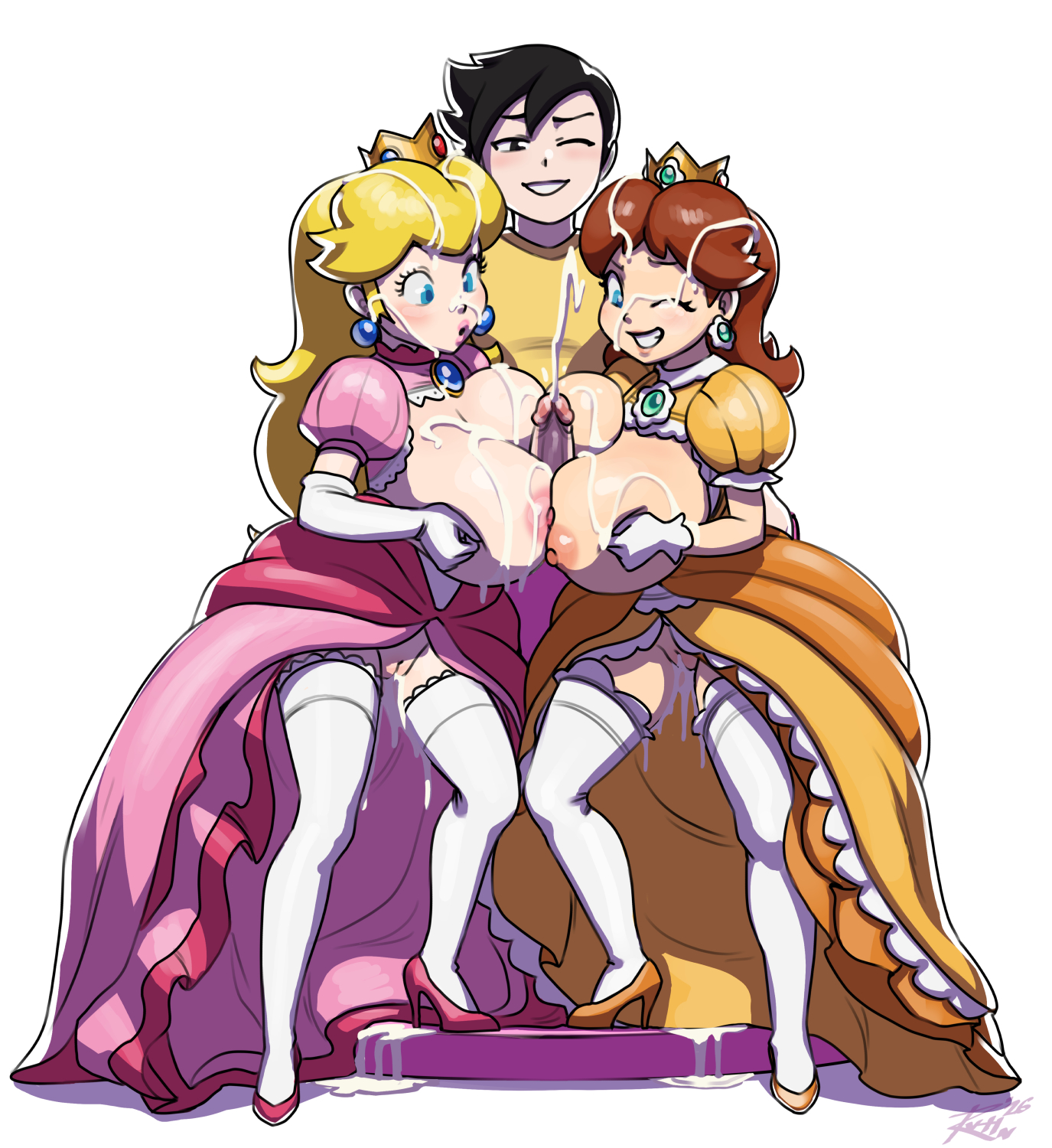 1boy, 2026, 2girls, after sex, areolae, balls, blonde hair, blue eyes, breasts, brown hair, crown, cum, cum in pussy, cum inside, earrings, female focus, group sex, hi res, huge breasts, leaking cum, long hair, looking at penis, male, mario (series), mostly nude, narrowed eyes, nintendo, nipples, paizuri, penis, princess daisy, princess peach, pussy, revtilian, sex, super mario bros., yellow shirt anon