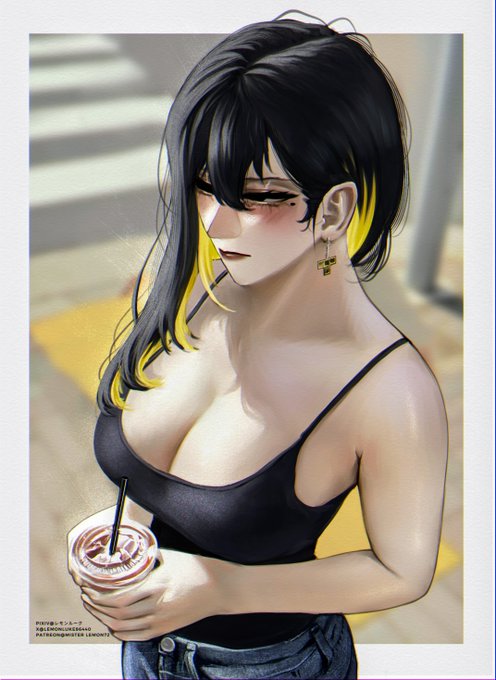 big breasts, binah, black and yellow hair, boobs, busty, busty female, cleavage, cleavage overflow, curvy, curvy female, drink, hair between eyes, jeans, juicy lips, lemonluke101, library of ruina, lobotomy corporation, project moon, shoulder length hair, tank top