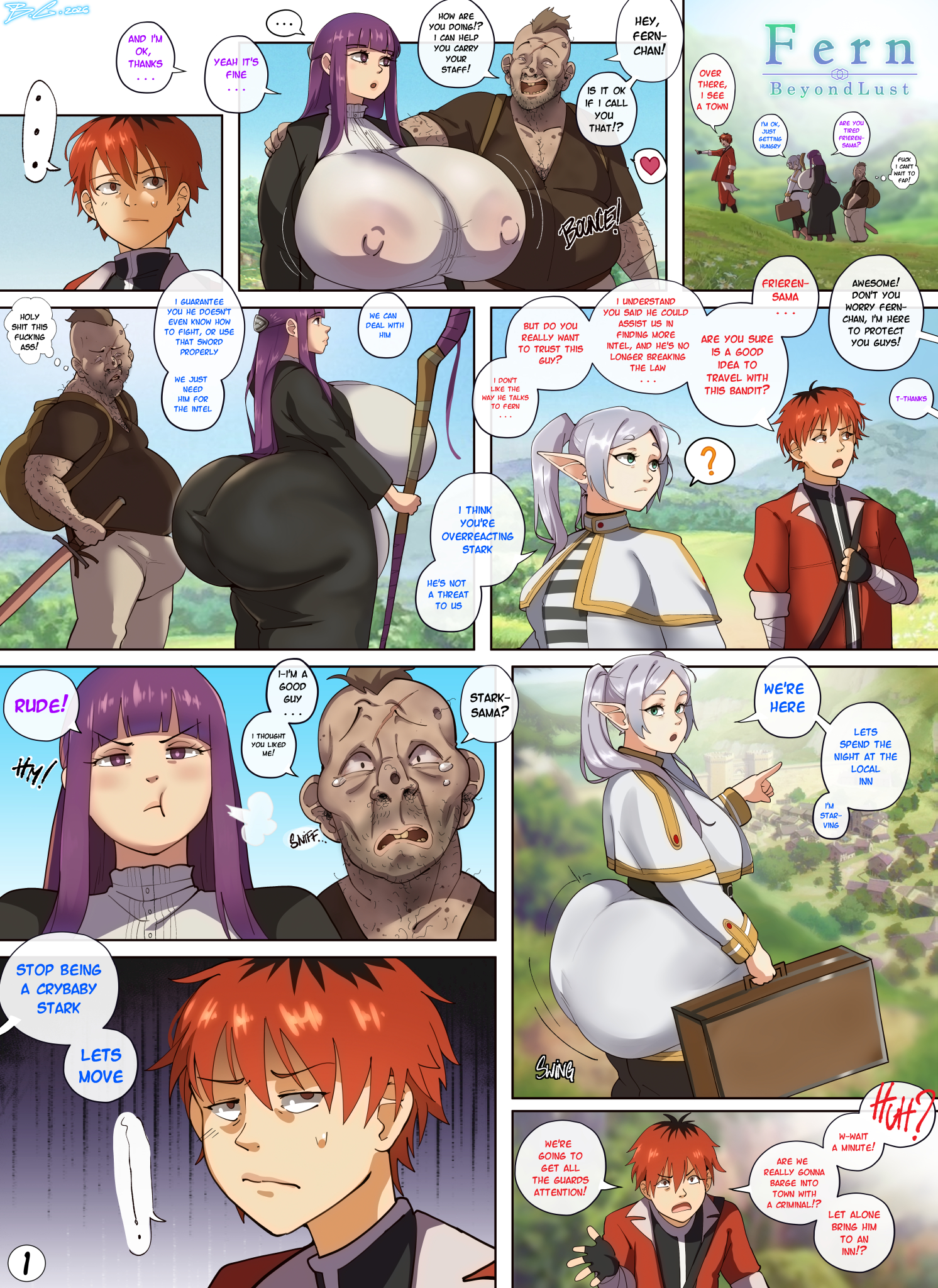 2boys, 2girls, ass, ass bigger than head, bandit, bittercream, boobs, breasts, breasts bigger than head, bubble butt, criminal, dialogue, dumptruck ass, elf, elf female, fat male, female, fern (sousou no frieren), flat chest, frieren, girl, huge ass, huge breasts, large breasts, long hair, male, multiple males, nipples, nipples visible through clothing, pale skin, pale-skinned female, pale-skinned male, pigtails, plump, purple eyes, purple hair, red hair, sousou no frieren, spankable ass, speech bubble, stark (sousou no frieren), tagme, ugly bastard, ugly man, white hair