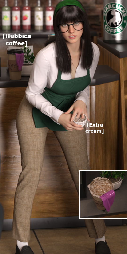 3d, 3d (artwork), apron, bangs, cheating, cheating wife, condom, cuckold, cum, cum in container, cum in drink, cum in glass, cum on food, dark hair, english text, female, fully clothed, fully clothed female, glasses, hdr ntrgirl, hdregrets, looking at viewer, netorare, shoes, socks, text, used condom, wedding ring