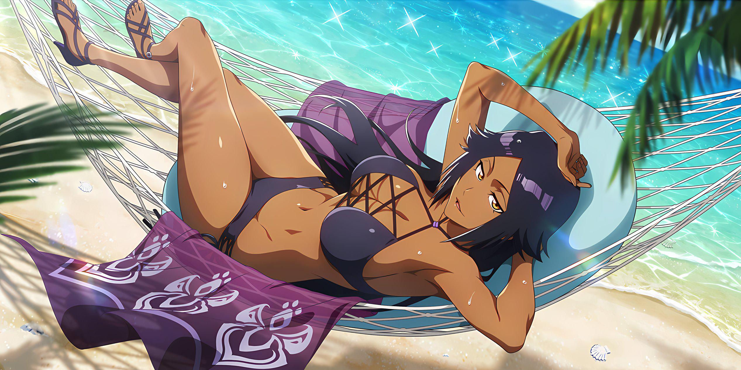 1girl, armpits, beach, bikini, black bikini, bleach, breasts, cleavage, dark skin, dark-skinned female, day, fat breasts, flat belly, halterneck, large breasts, long hair, looking at viewer, lying, navel, ocean, on back, outdoors, purple bikini, purple hair, sandals, shihouin yoruichi, shiny hair, side-tie bikini, smile, solo, swimsuit, toned, tree, water, yellow eyes
