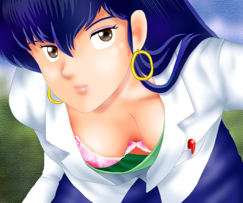 1girls artist_request black_hair blue_hair bra breasts brown_eyes cleavage earrings female human labcoat large_breasts light-skinned_female light_skin long_hair looking_at_viewer miko sakura_(urusei_yatsura) school_nurse skirt solo urusei_yatsura