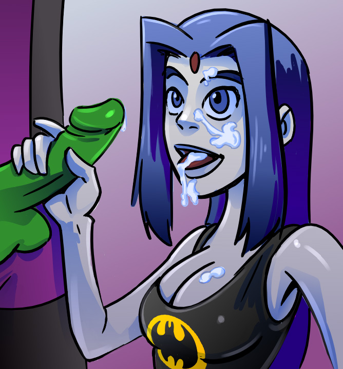 1boy 1girls batman_symbol beast_boy cum_in_mouth cum_on_face dc_comics female green_skin hagfish male partial_male penis rachel_roth raven_(dc) straight_hair teen_titans