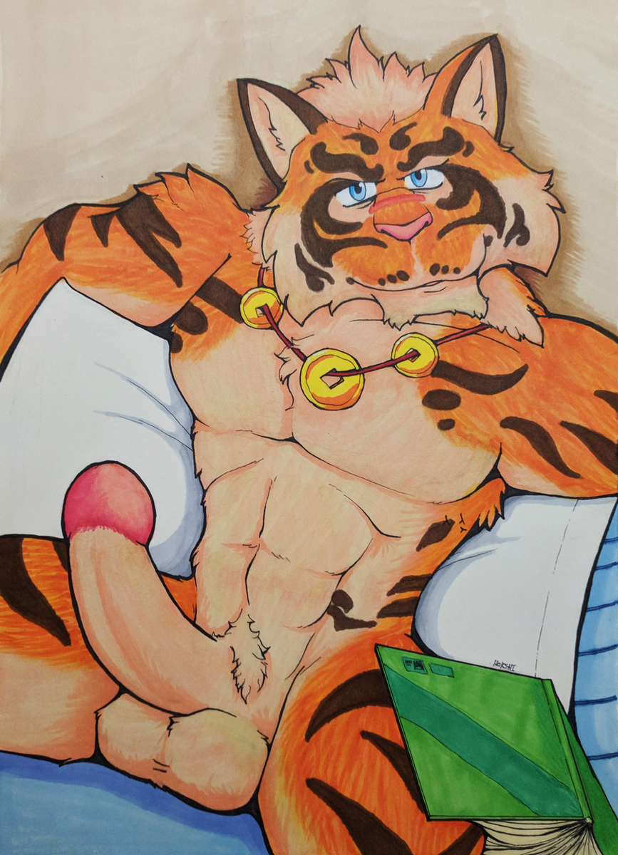 bed book feline hokshi jewelry lin_hu male male_only mammal necklace nekojishi penis pillow scar tiger