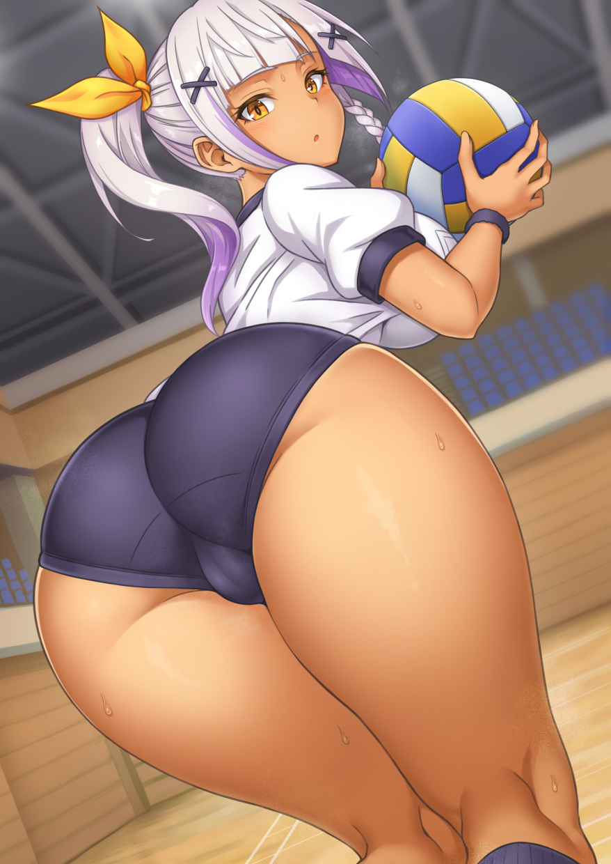 1girls ass ass_focus ball blue_shorts blunt_bangs booty braid breasts buruma commentary_request dana_(yasojima_nejiro) dark-skinned_female dark_skin dutch_angle fingernails gym gym_uniform hair_ornament hair_ribbon highres holding holding_ball indoors large_breasts leaning_forward light_purple_hair looking_at_viewer looking_back orange_eyes original parted_lips ribbon shiny_skin shirt shorts solo sweatdrop tan taut_clothes taut_shorts thick_thighs thighs trefoil volleyball volleyball_(object) white_shirt wooden_floor wristband x_hair_ornament yasojima_nejiro