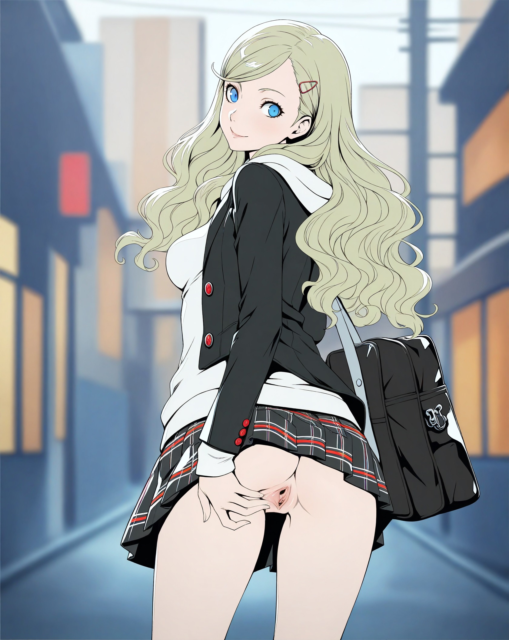 ai generated, ann takamaki, exhibitionism, exhibitionist, female, persona 5, public, public exposure, pussy, spread pussy