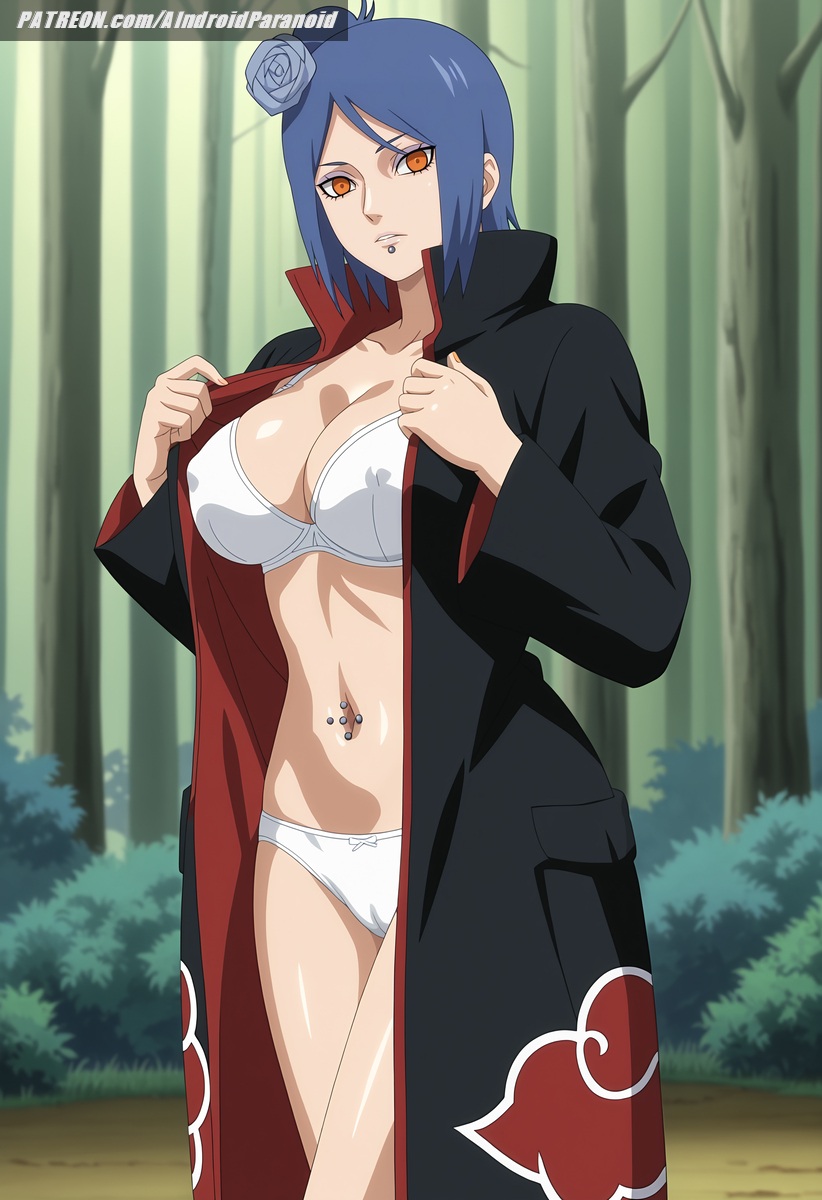 ai_generated aindroidparanoid akatsuki_(naruto) big_breasts breasts busty cameltoe coat covered_nipples curvy female female_only forest hips huge_breasts jacket konan large_breasts lingerie makeup narrow_waist naruto naruto_(classic) naruto_(series) naruto_shippuden ninja nipples orange_eyes outdoors piercing purple_hair short_hair stable_diffusion voluptuous waist wide_hips