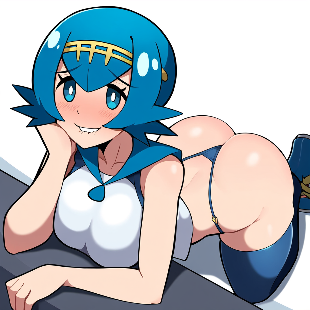 1girl 1girls ai_generated aroused ass biting_lip biting_own_lip blue_clothing blue_eyes blue_hair blush bottomless breasts cold_shrike female game_freak headband horny horny_female human human_only lana_(pokemon) looking_at_viewer nintendo novelai pokemon self_upload shirt solo thighhighs thong white_clothing