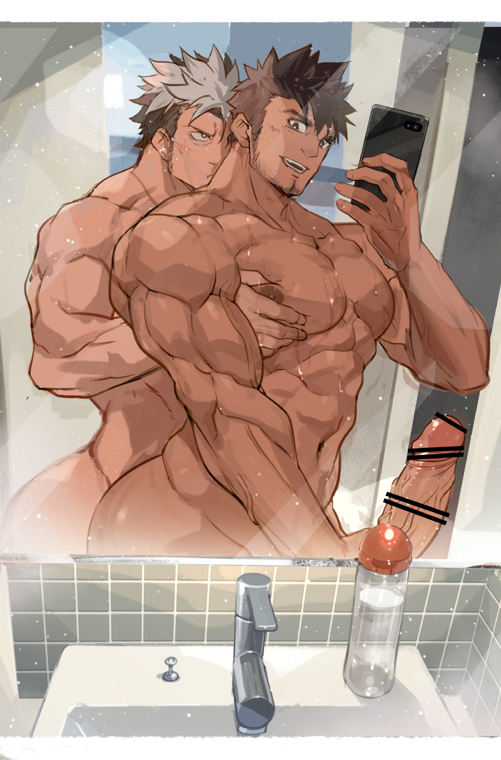 2boys abs ass_bigger_than_head bara basin bathroom beard_stubble big_areola big_ass big_breasts big_penis brown_hair bubble_butt cellphone censor_bar censored censored_penis collarbone completely_nude duo erection faucet foreskin_folds gay grey_hair hi_res holding_breast holding_object holding_penis huge_cock indoors long_penis lubricant male male/male male_only mirror mirror_reflection mirror_selfie multicolored_hair muscles muscular muscular_arms muscular_ass muscular_male nikism open_mouth original original_character pecs selfie short_hair smartphone sousuke000 squeezing squeezing_breast thick_arms thick_ass thick_neck thick_penis veiny_arms veiny_muscles veiny_penis wet wet_body