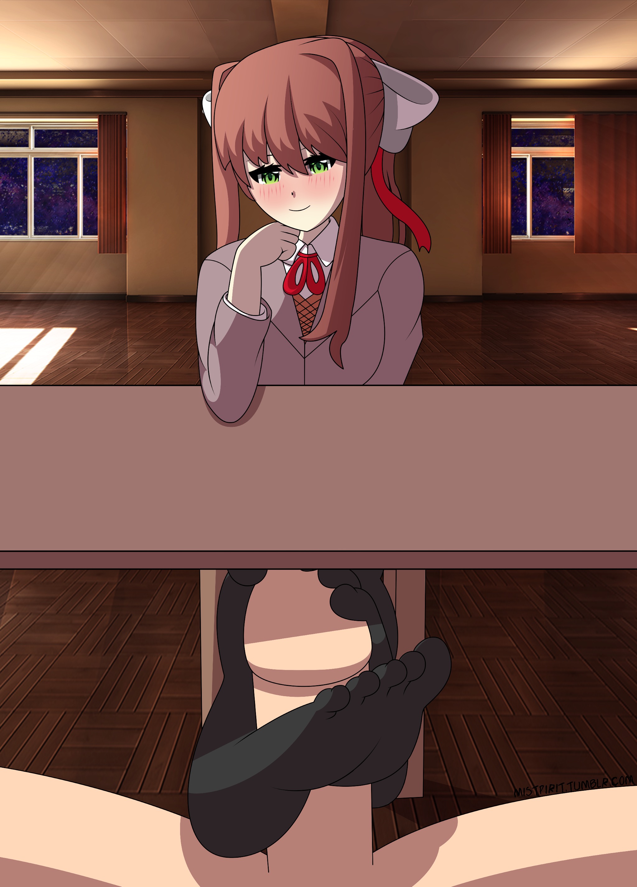 1boy, 1girls, black legwear, blush, cfnm, doki doki literature club, eye contact, feet, female, female focus, foot fetish, footjob, footjob with legwear, green eyes, hairbow, half-closed eyes, just monika, looking at viewer, male, male pov, mistpirit, monika (doki doki literature club), nose blush, penis, ponytail, pov, pov eye contact, school uniform, secret, smile, soles, solo focus, stockings, straight, toe socks, toejob, toes, under the table, uniform, white skin