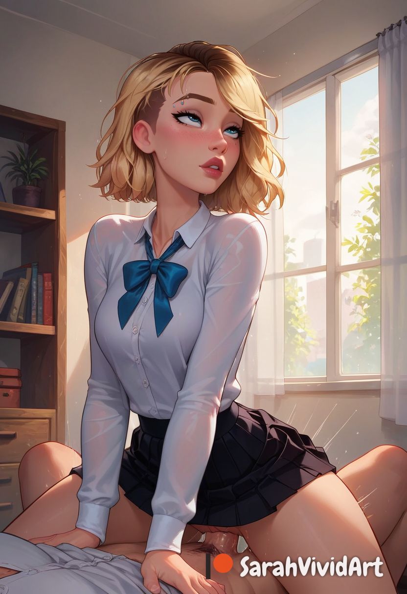 1boy 1girls ai_generated black_skirt blonde_hair blush blushed brown_hair button_down_shirt clothed clothed_sex cowgirl coworkers cute cute_face female female_focus gwen_stacy gwen_stacy_(spider-verse) light-skinned_female light-skinned_male marvel marvel_comics motion_lines office office_lady pleated_skirt riding riding_penis sarahvividart seductive sex shaved_hair shiny_skin short_hair skirt spider-gwen spider-man:_across_the_spider-verse spider-man:_into_the_spider-verse spider-man_(series) superheroine vaginal_penetration vaginal_sex white_shirt