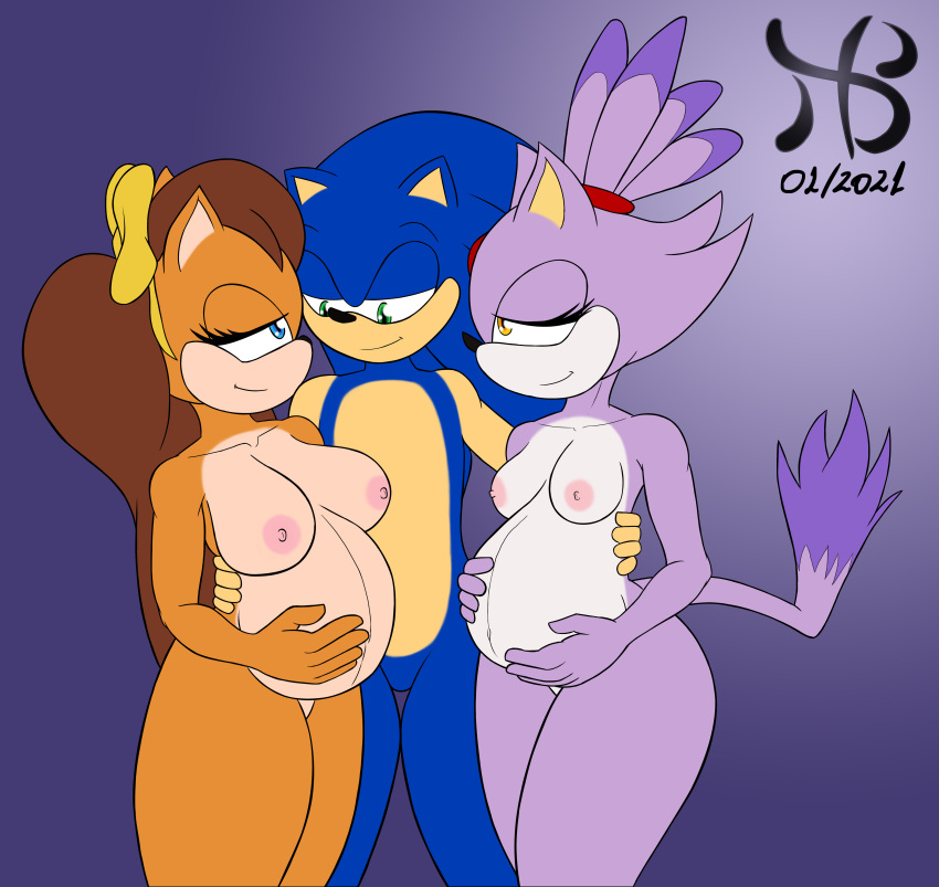 anthro blaze_the_cat domestic_cat eulipotyphlan felid feline felis female female/female group hedgehog hiastobasement male male/female mammal manx pregnant pregnant_female sega sonic_(series) sonic_the_hedgehog sonic_the_hedgehog_(series) sonic_x-treme tiara_boobowski trio