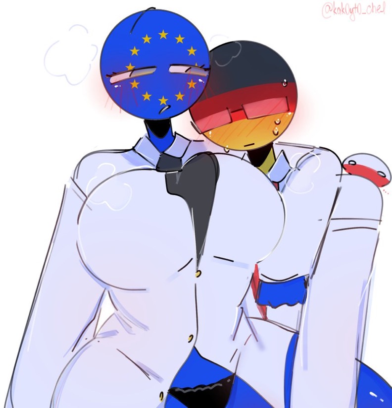 1boy 1girls arm_on_shoulder big_breasts black_panties black_tie blushing businesswear busty countryhumans countryhumans_girl european_union_(countryhumans) germany_(countryhumans) glasses kak0yt0_chel poland_(countryballs) polandball tagme