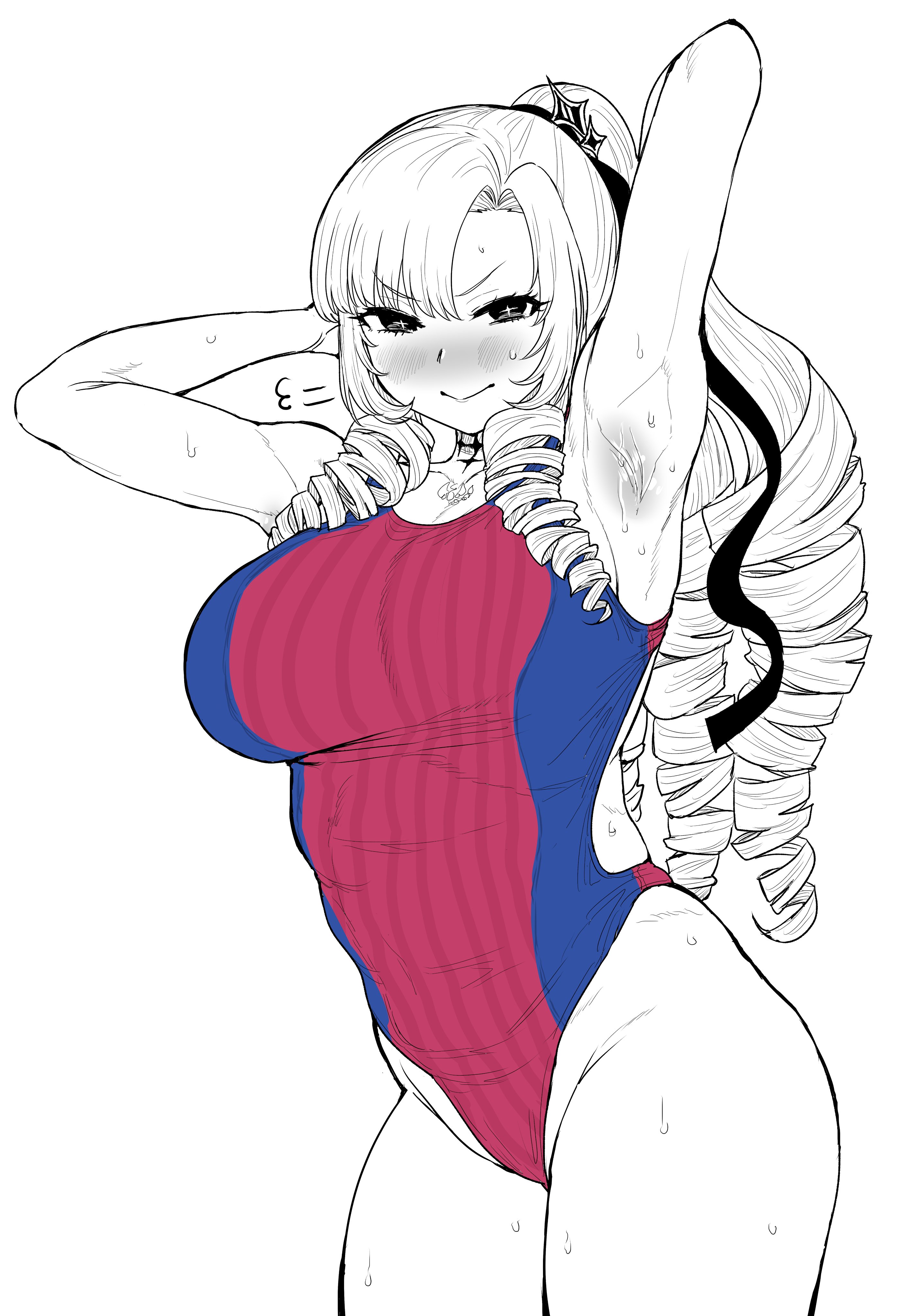 1girls, armpits, arms behind head, arms up, blush, breasts, female, greyscale, hyakumantenbara salome, kaiman garupan, large breasts, navel, nijisanji, one-piece swimsuit, pink one-piece swimsuit, pink swimsuit, sweat, swimsuit, virtual youtuber
