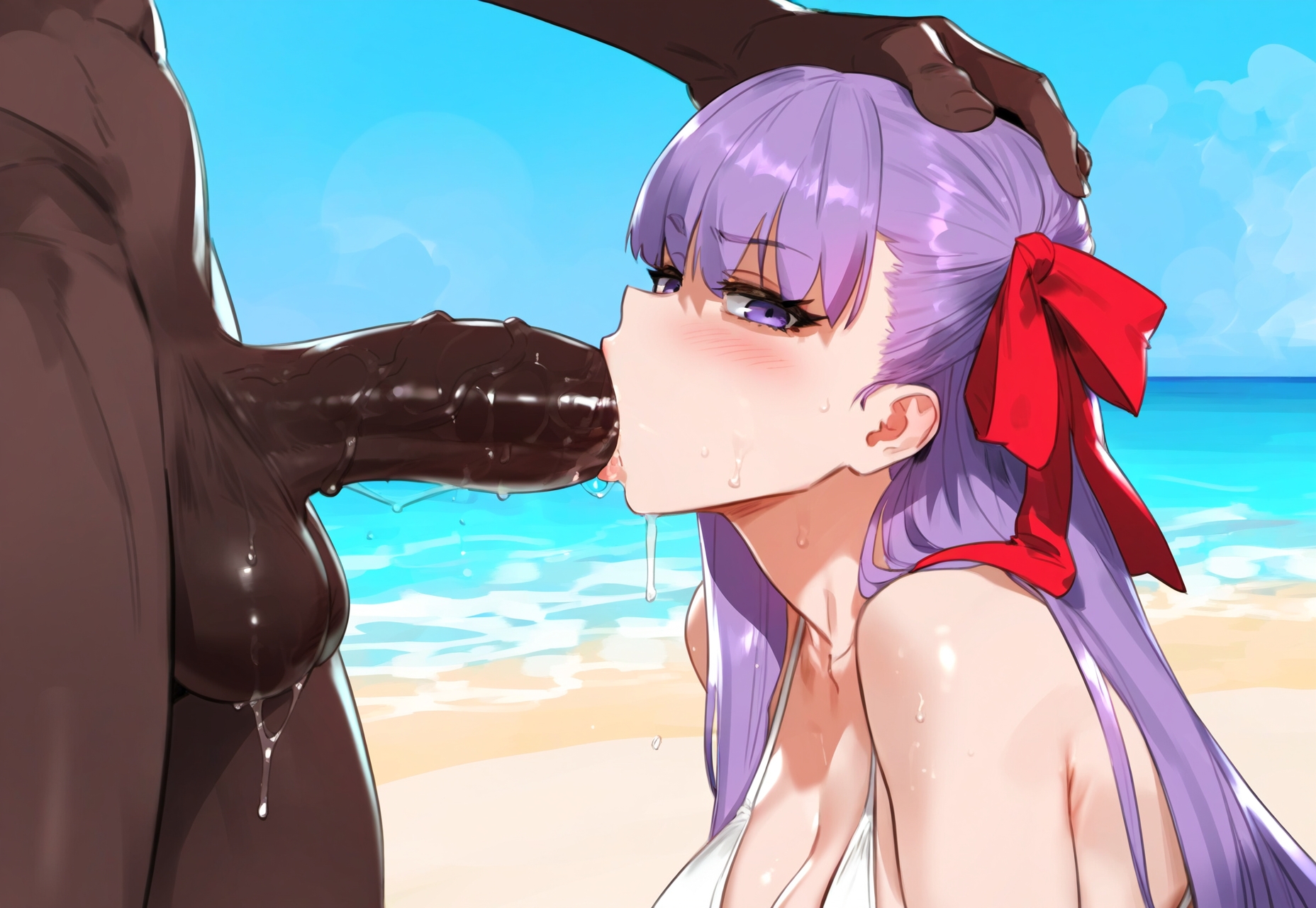 1boy, 1girls, ai generated, bb (fate), dark skin, dark-skinned male, ded 173, fate (series), fellatio, female, huge cock, interracial, male, penis, purple eyes, purple hair