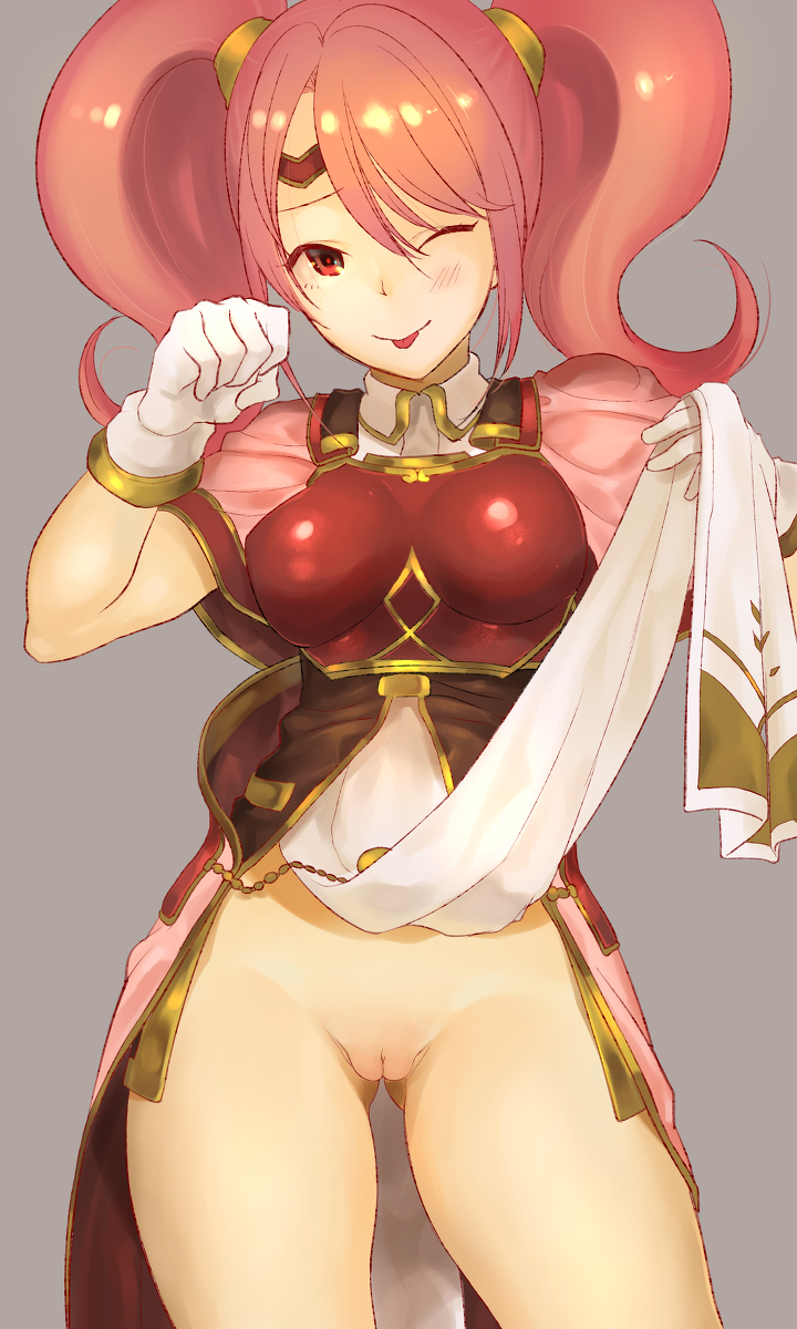 ass_visible_through_thighs blush breastplate female fire_emblem fire_emblem_echoes:_shadows_of_valentia fire_emblem_gaiden gloves kh_(tanakananataka) loincloth loincloth_lift mae_(fire_emblem) pigtails pink_hair pussy tanakananataka3 thighs tongue_out