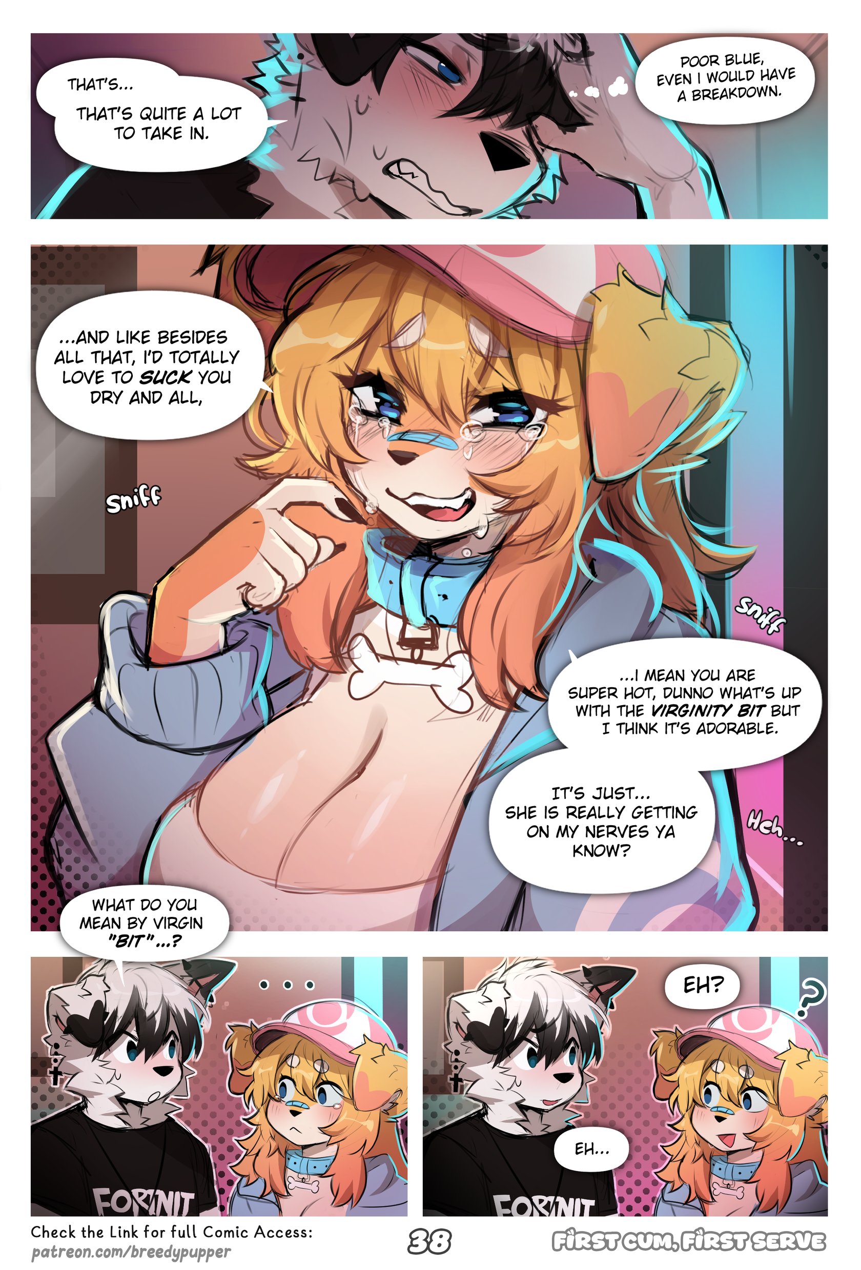 4koma, absurd res, anthro, big breasts, blue (breedypupper), bodily fluids, breasts, breedypupper, canine, cleavage, clothing, comic, crying, cute, dialogue, duo, embarrassed, emotional, english text, female, fur, furry, hi res, jackie (breedypupper), male, male/female, mammal, nintendo, pokemon, text, url, virgin, white fur, wholesome, yellow fur