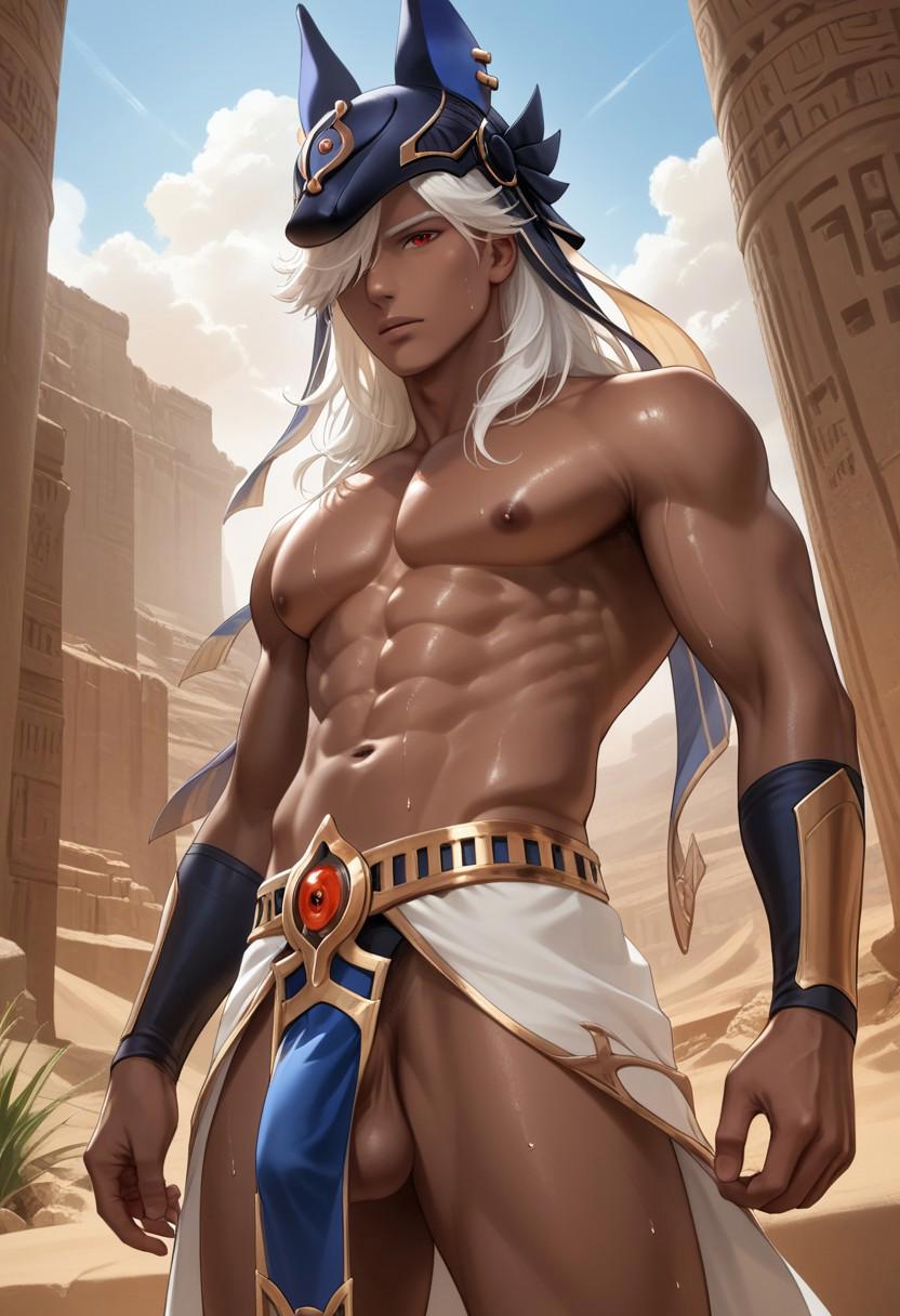 1boy abs ai_generated bsky_link civitai covered_penis cyno_(genshin_impact) dark-skinned_male dark_skin desert dvxxxgrai egyptian_clothes genshin_impact long_hair low-angle_view male_only muscular muscular_male navel nipples pecs penis pony_diffusion_xl solo solo_male sweat tagme testicles twitter twitter_link white_hair