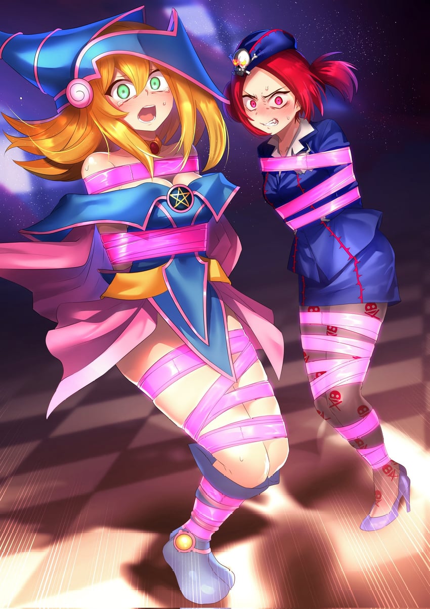 2girls angry_expression blonde_hair bondage bondage card_game clenched_teeth dark_magician_girl duel_monster green_eyes kidnapped pantyhose red_eyes red_hair ribbon_bondage ribbons scared_expression skirt stockings thighs tour_guide_from_the_underworld yu-gi-oh!