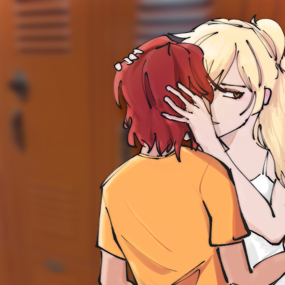 2girls ari_(class_of_'09) blonde_hair class_of_'09 jecka_(class_of_'09) kissing long_hair red_hair short_hair yuri