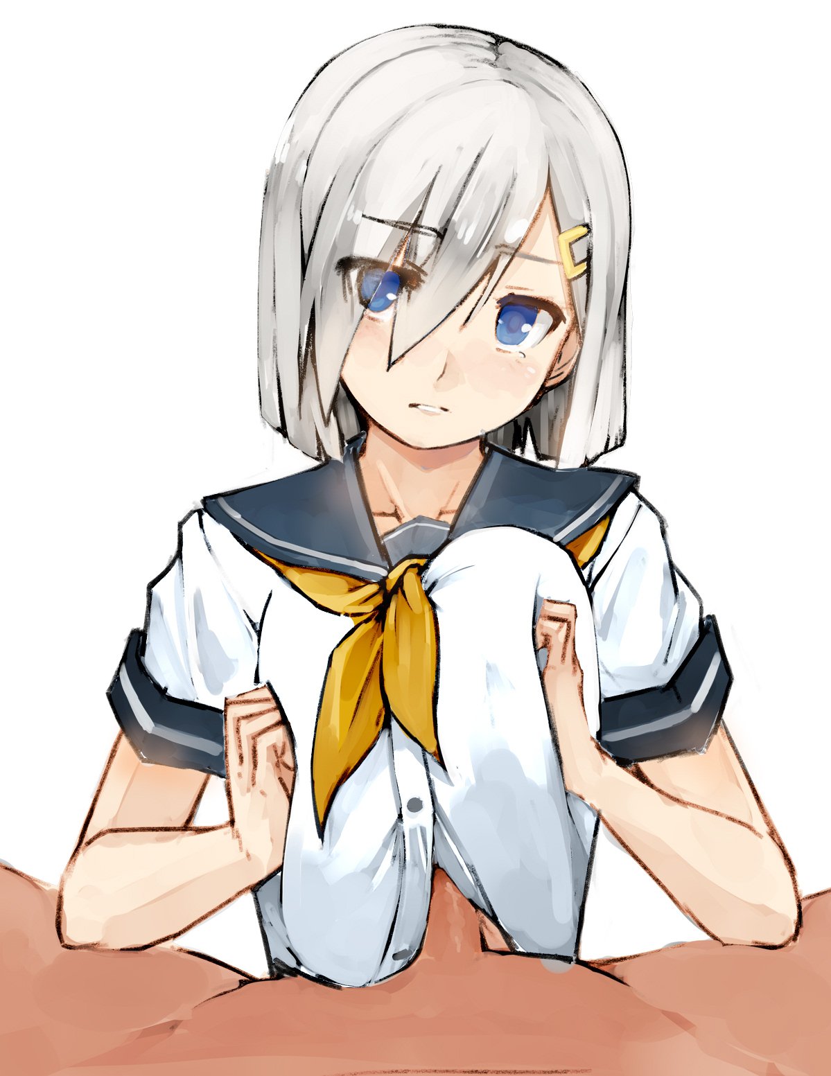 1boy blue_eyes blue_sailor_collar breast_press breasts clothed_female_nude_male eyebrows_visible_through_hair eyes_visible_through_hair female hair_between_eyes hair_ornament hair_over_one_eye hairclip hamakaze_(kantai_collection) head_tilt highres kantai_collection large_breasts looking_at_viewer neckerchief nude paizuri parted_lips pen_(pen3) penis sailor_collar school_uniform serafuku shirt short_hair short_sleeves silver_hair simple_background straight white_background white_shirt yellow_neckwear