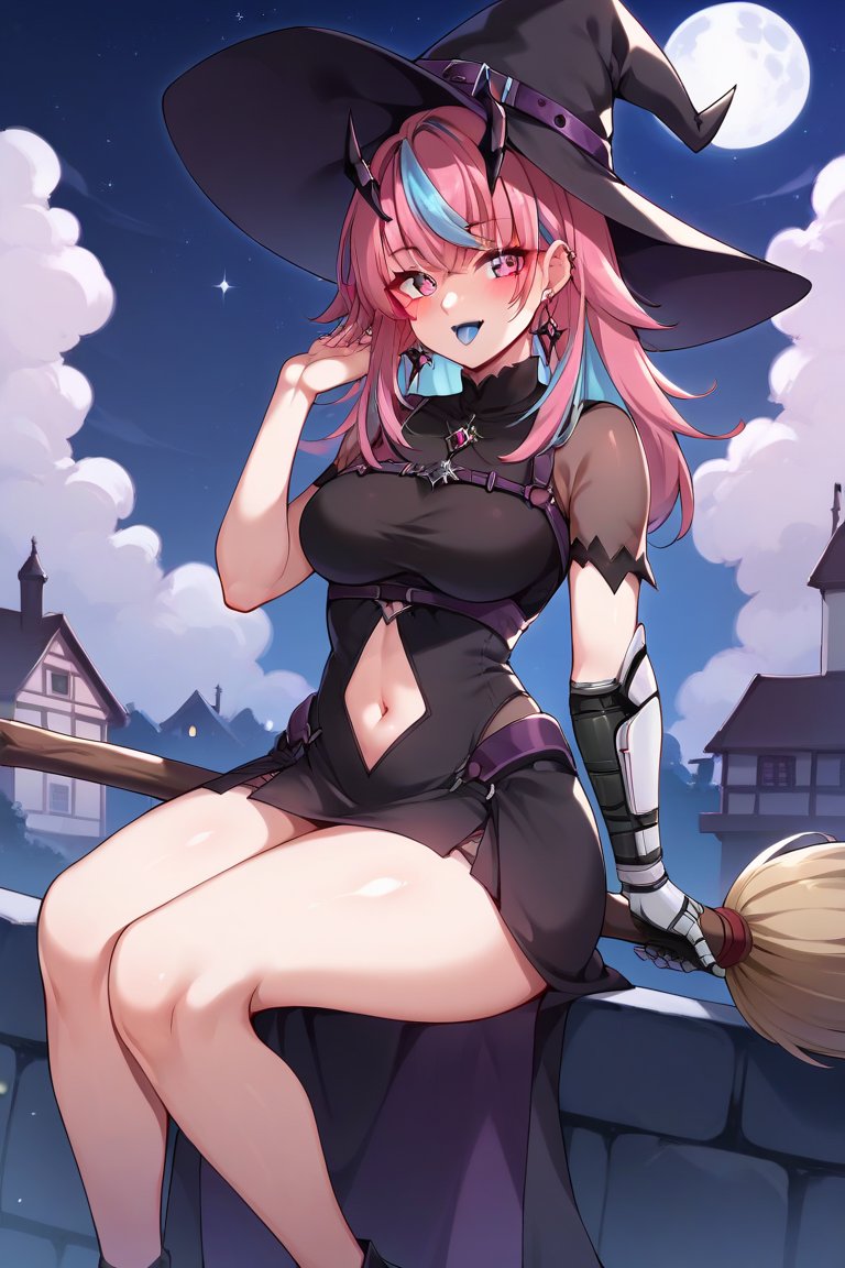 1girls ai_generated big_breasts breasts emikukis halloween halloween_costume latam_virtual_youtuber long_hair looking_at_viewer multicolored_hair night outdoors partially_clothed pink_hair public sky_blue_hair solo_female tagme thighs tupadrev4 virtual_youtuber vtuber witch witch_costume