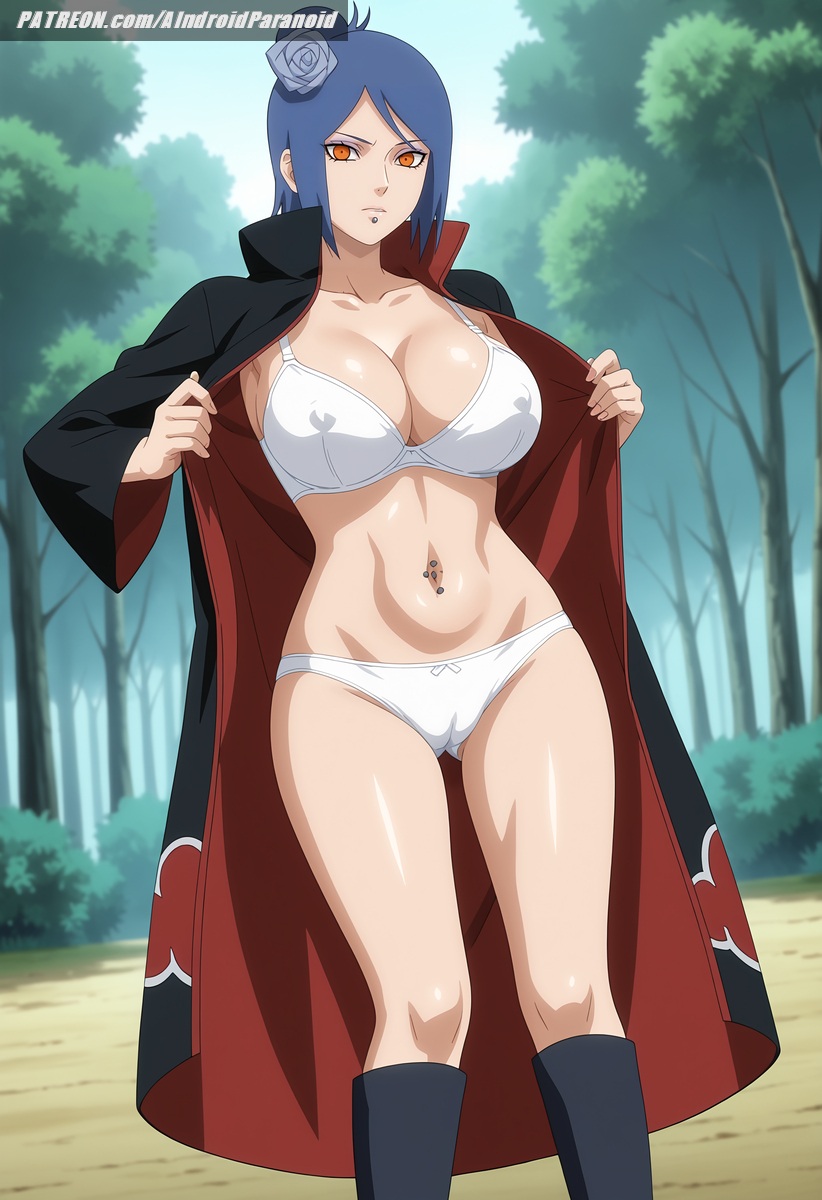 ai_generated aindroidparanoid akatsuki_(naruto) big_breasts breasts busty cameltoe coat covered_nipples curvy female female_only forest hips huge_breasts jacket konan large_breasts lingerie makeup narrow_waist naruto naruto_(classic) naruto_(series) naruto_shippuden ninja nipples orange_eyes outdoors piercing purple_hair short_hair stable_diffusion thighhighs voluptuous waist wide_hips