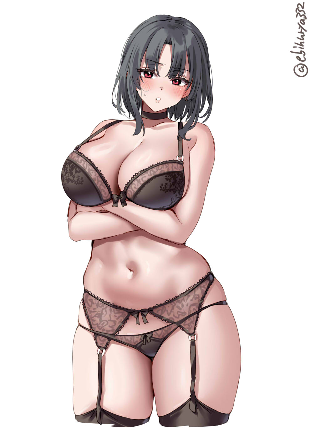 black_bra black_hair black_panties blush bow bow_bra bow_panties bra breasts cleavage cropped_legs crossed_arms ebifurya female garter_belt highres kantai_collection lace-trimmed_bra lace-trimmed_garter_belt lace_trim large_breasts looking_at_viewer navel panties panties_over_garter_belt red_eyes short_hair simple_background solo stomach takao_(kantai_collection) twitter_username underwear underwear_only white_background