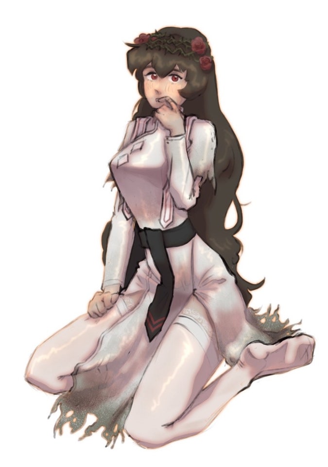 breasts carmen_(lobotomy_corporation) e.g.o_(project_moon) garden_of_thorns_ego limbus_company lobotomy_corporation project_moon rose_hair_ornament roses stockings torn_clothes torn_dress wedding_dress