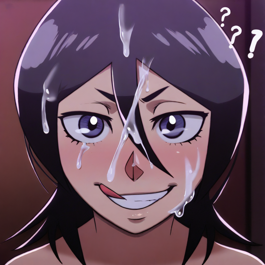 ai_generated black_hair bleach cum cum_in_hair cum_on_face kuchiki_rukia pixelsin smile smiling_at_viewer