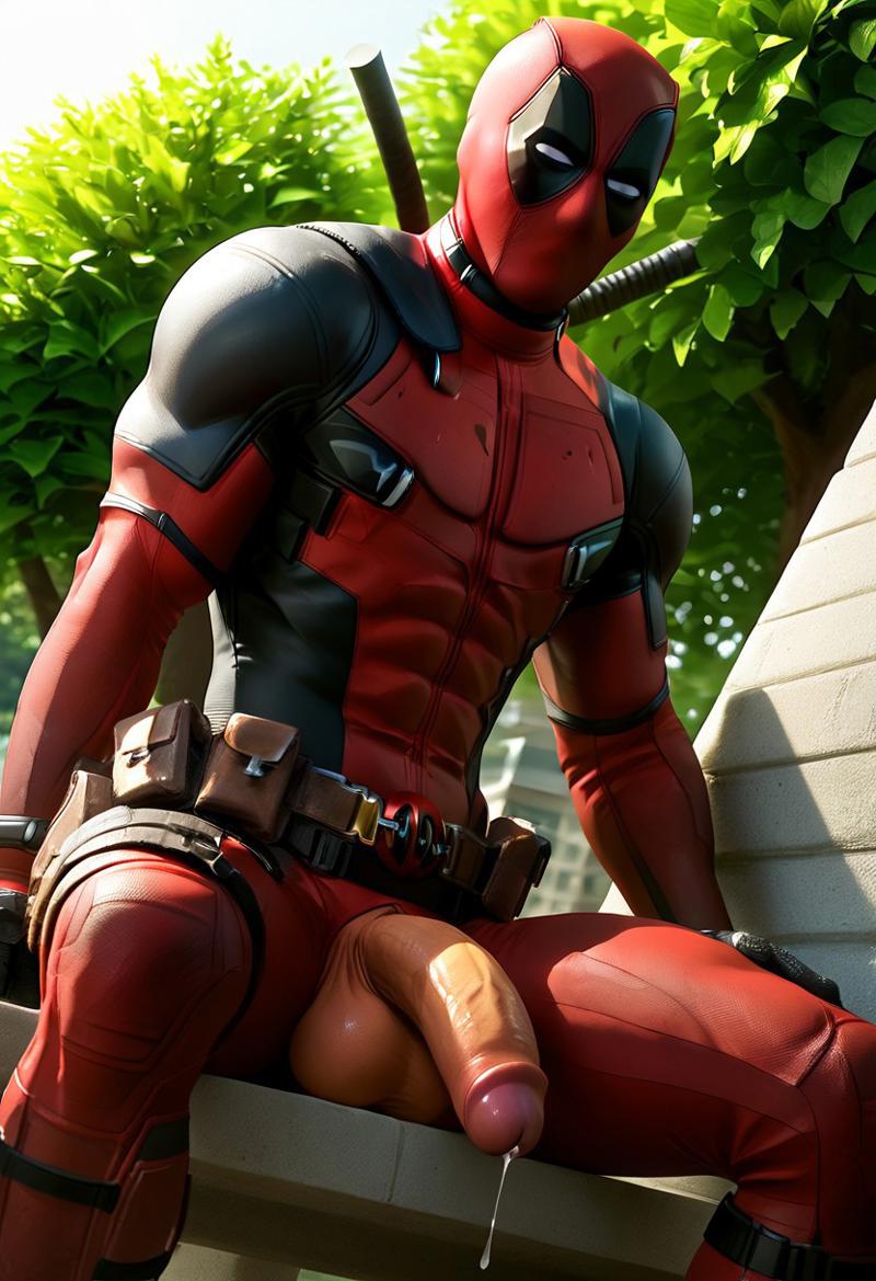 ai_generated balls biceps big_balls big_penis deadpool erection gay looking_at_viewer male male_only marvel marvel_comics muscular muscular_male mutate_(marvel) outside park penis penis_through_fly precum showing_penis toned_body toned_male twall97