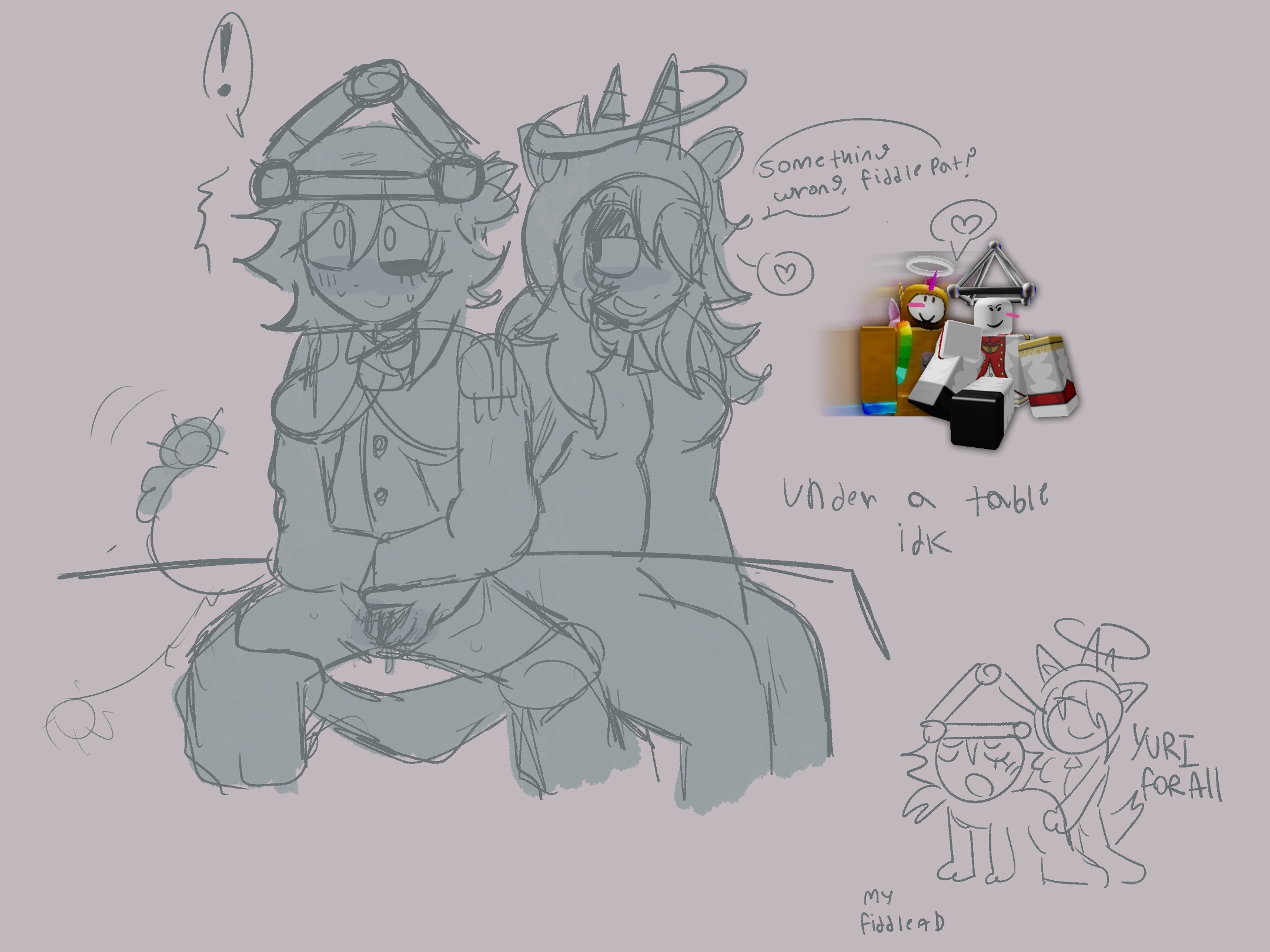 1 ad, 2girls, doodle, female, fiddlepat, fingering, grocery gang, monochrome, reference image, roblox, roblox avatar, roblox myth, robloxian, self upload, semi-public, sketch, tagme, under the table, yuri, yurinuzzles