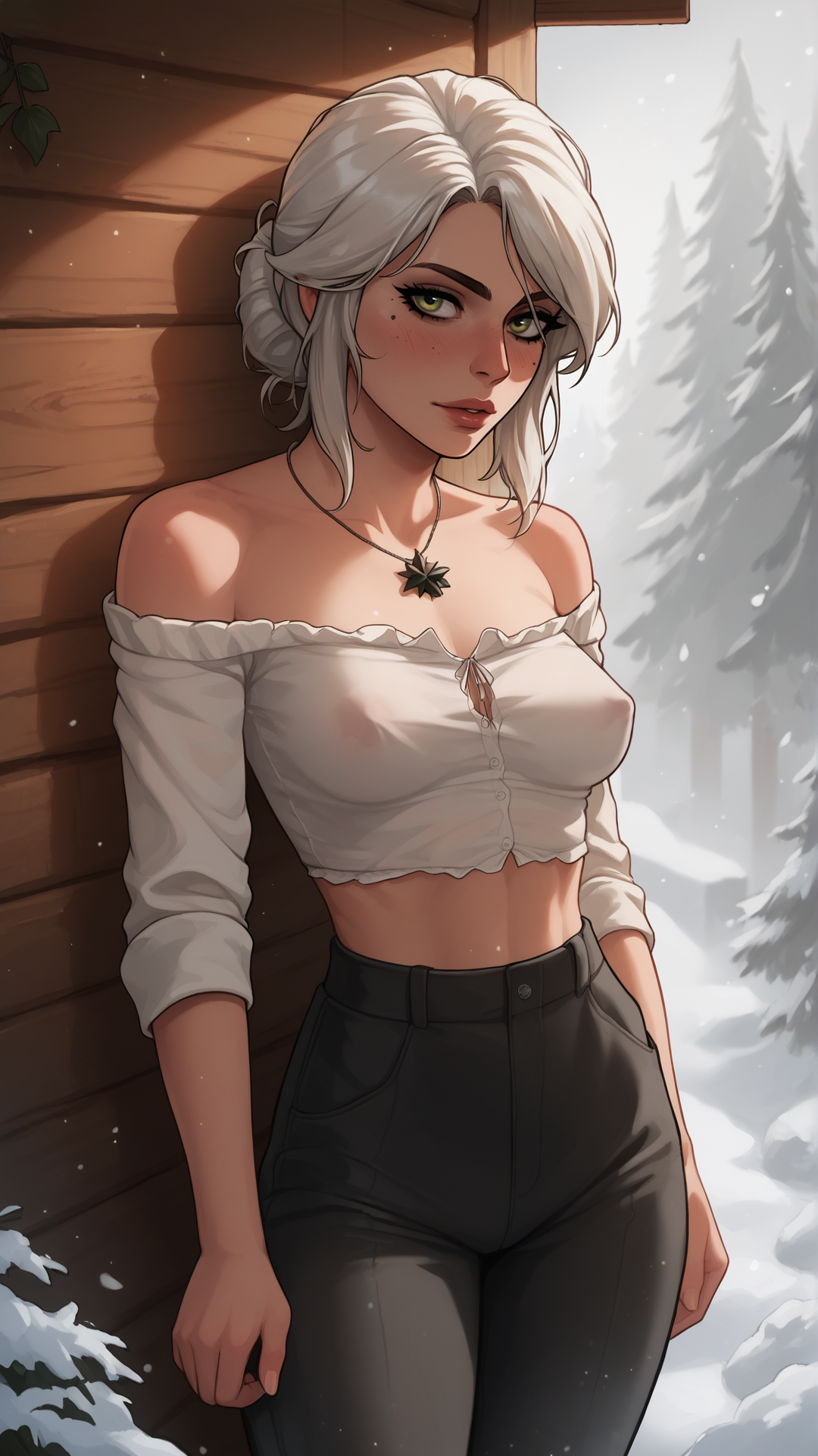 ai generated, ciri, clothing, collar, female, green eyes, light skin, light-skinned female, looking at viewer, mascara, nipples visible through clothing, outdoors, solo, tatarchuck, the witcher (series), the witcher 3: wild hunt, white hair